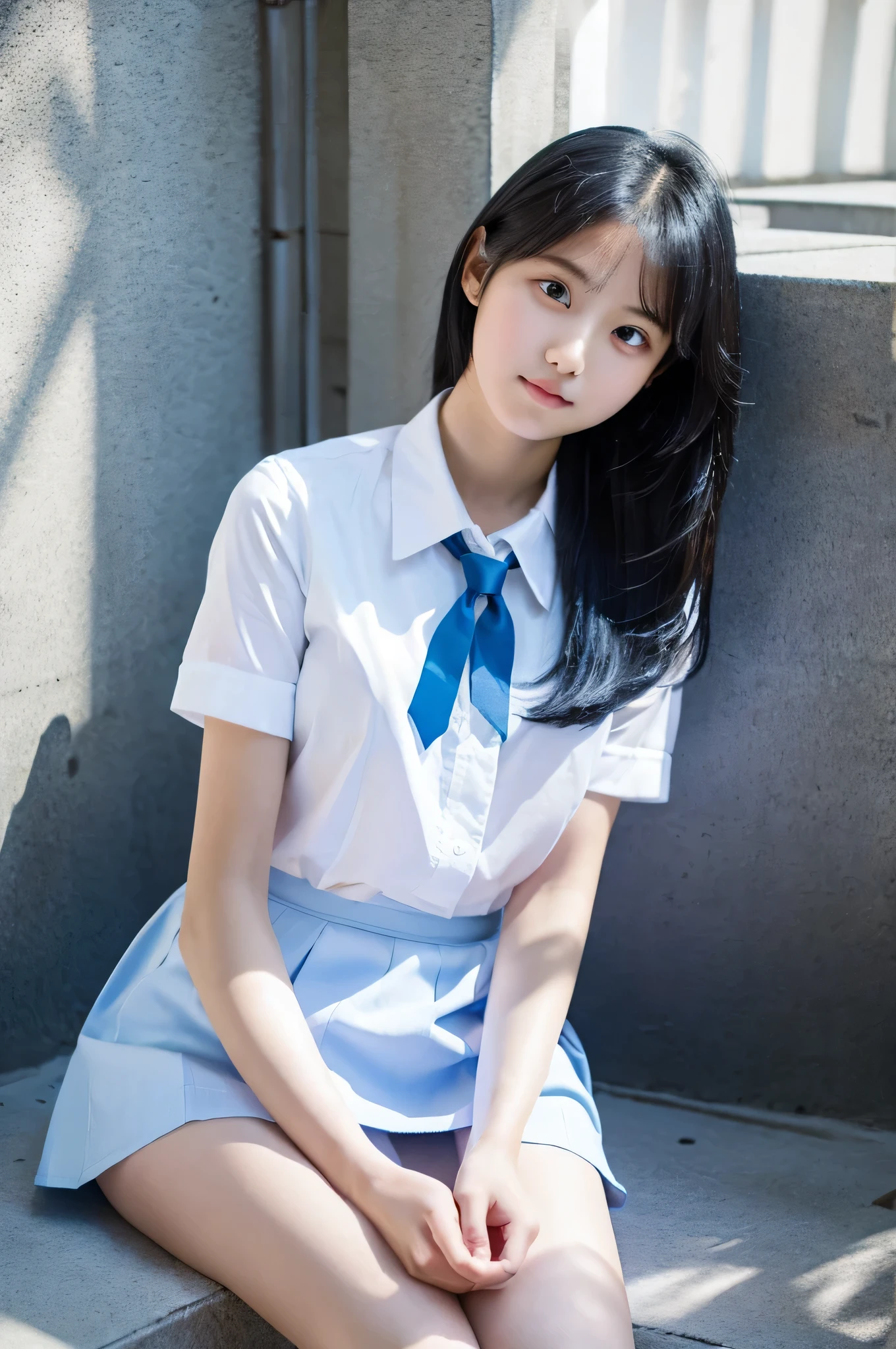 18 year old high school girl wearing a blue miniskirt and white shirt（black hair）