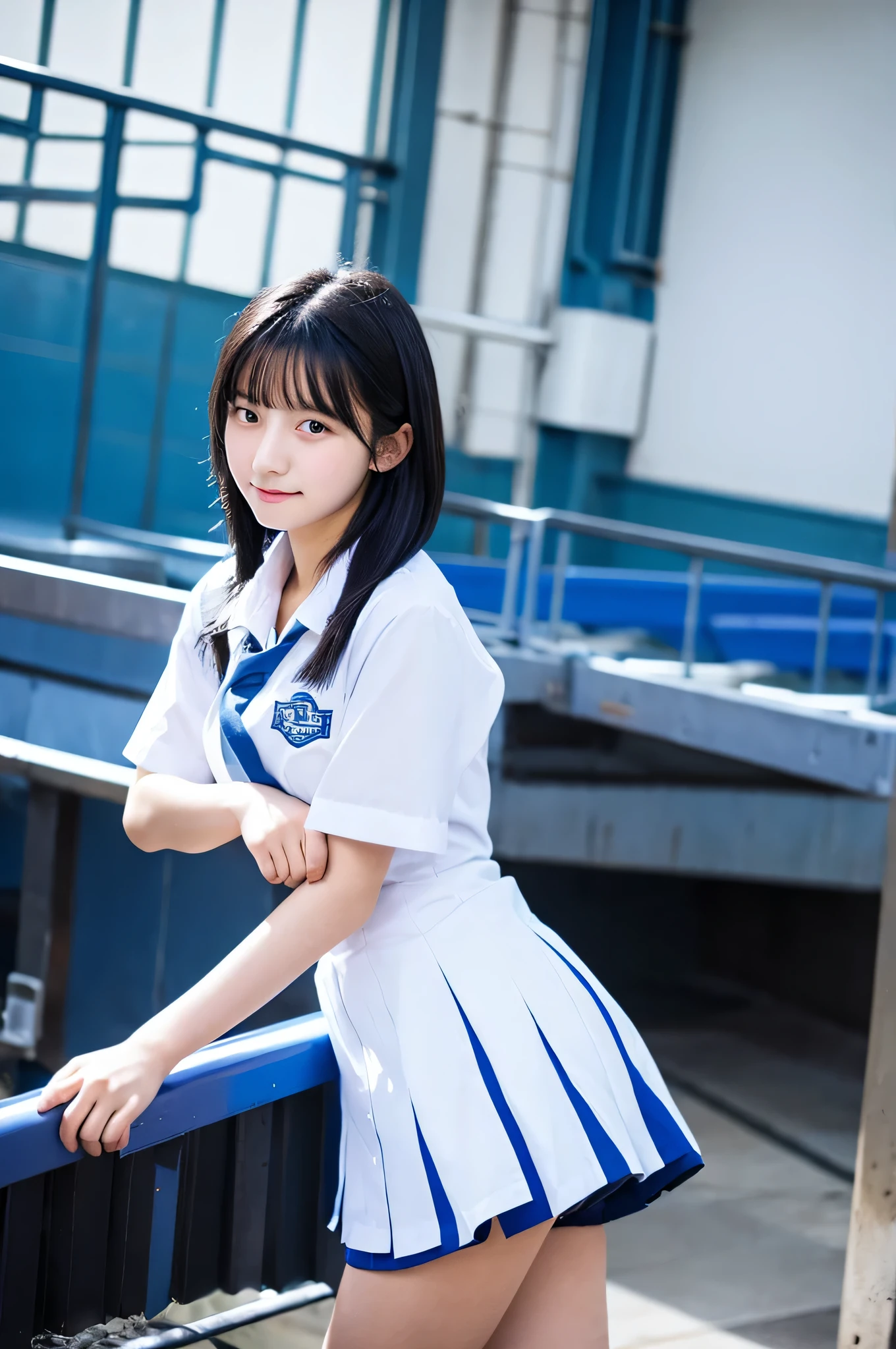 18 year old high school girl wearing a blue miniskirt and white shirt(black hair)