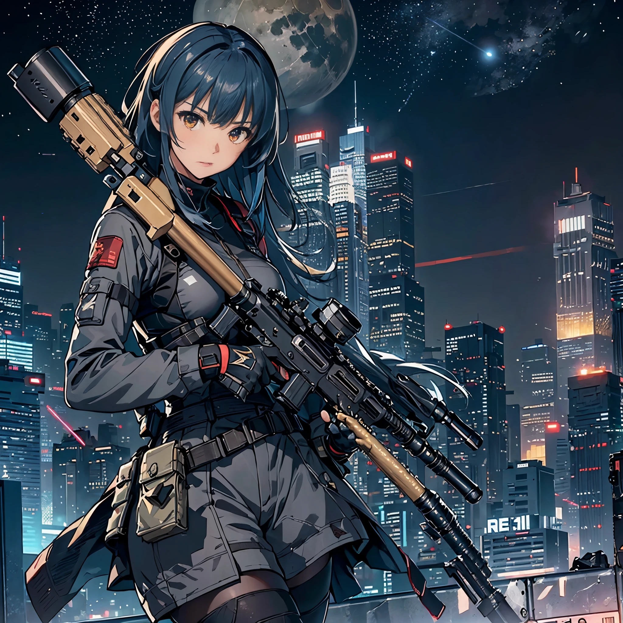 (trained female soldier)、((Aim and fire your rifle:1.4、Sniper stance、gun、H&K HK416))、1 female、tHick body、(black cyber tech wear)、( Blue Hair、medium hair:1.1)、((Super high resolution))、Detail Write、masterpiece、(midjorurny style.:1.2)highest quality、Highly detailed CG、8K quality、CinematograpHic ligHting、Lens flare、BREAK.(Skyscraper rooftop at nigHt:1.4)、hyper detail、((Dynamic Angle Bust SHots:1.4))、詳細なgun器の描写、Rifle witH perfect detail、Perfect barrel tHat does not distort、FigHter in tHe sky、(Realistic angle、Peeking into the scope:1.3)(particles of light:1.2)(Before dawn、daybreak.beautiful red moon、Meteors:1.3)
