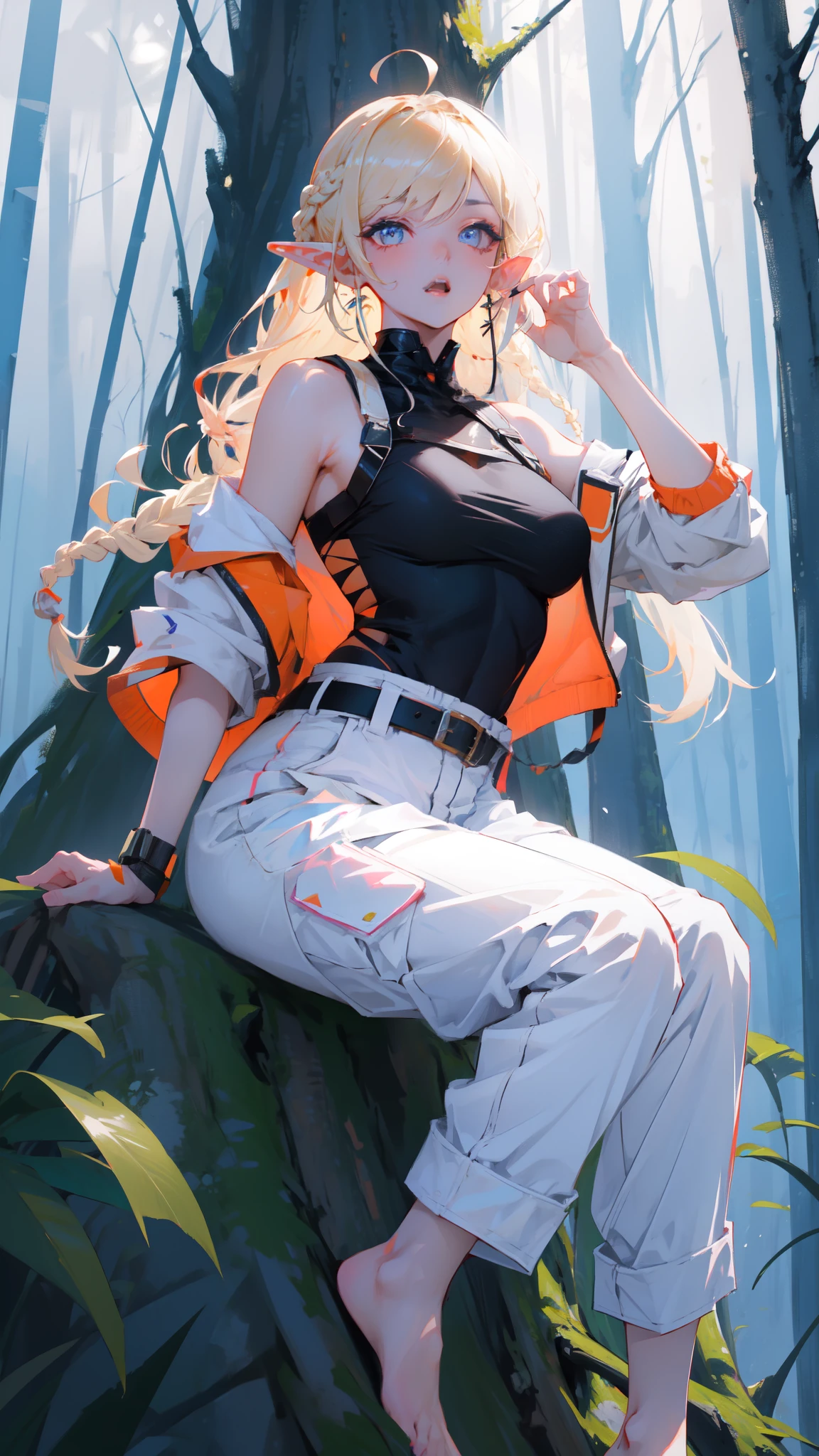((masterpiece)), (top quality), (best quality), ((ultra-detailed, 8k quality)), Aesthetics, Cinematic lighting, soft semi-backlit light, (detailed line art), absurdres, (best composition), (high-resolution),
BREAK,
a beautiful adult cyberpunk elf girl, (barefoot), wearing (white) street samurai cyberpunk style, with Techwear jacket and brightly colored (orange) trousers with buckle and tape, shining white skin with cyber_mark, ((sitting, leaning against a tree)), singing, (((with a forest in the background))), (one arm behind Head), Breeze, anime illustration,  pastel colors, kawaii, cute colors, smooth,
BREAK,
highly detailed of (elf), (1girl), solo, perfect face, details eye, ahoge,  (braided bangs:1.3), ((long hair:1.2)), [[Messy hair]], blonde white shining hair,  blue eyes, shining eyes, (beautiful detailed eyelashes, eyeshadow, pink eyeshadow), open_mouth, design art by Mikimoto Haruhiko, by Kawacy, By Yoshitaka Amano,
BREAK, 
((perfect anatomy)), perfect body, Abs, medium breast, perfect hands, perfect face, beautiful face, beautiful eyes, perfect eyes, (perfect fingers, deatailed fingers), correct anatomy, 
