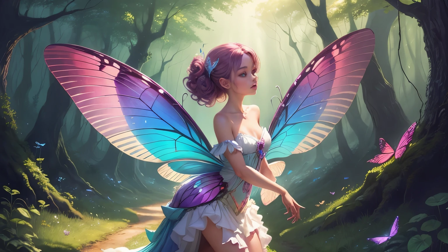 araffe fairy butterfly in the forest with a rainbow light, beautiful fairies, beautiful fairy, fairy magnificent, fairies have wings, beautiful fairie, beautiful adult fairy, colorfull digital fantasy art, hd wallpaper, fairy wings, magical fairy background, iridescent wings, very beautiful digital art, beautiful digital art, rainbow wings, beautiful gorgeous digital art, magic fairy forest