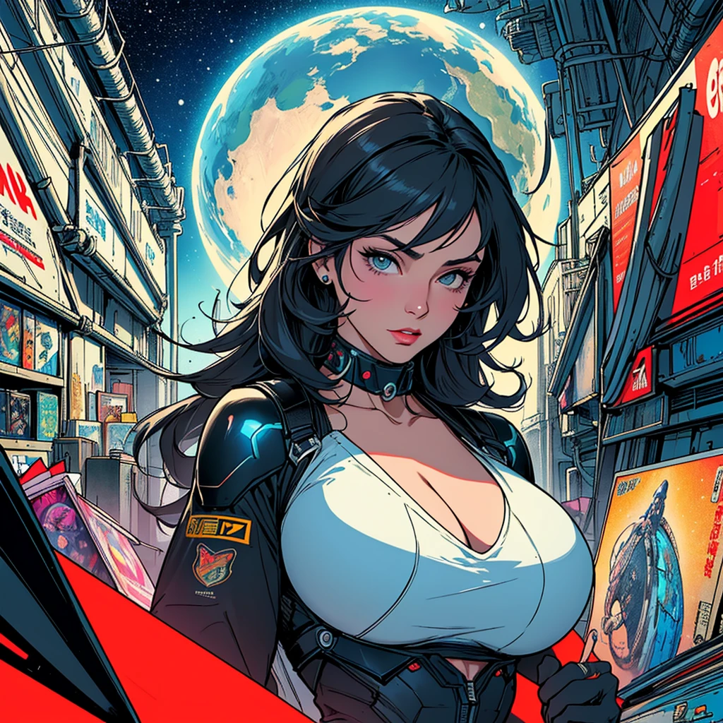  manhwa , (pretty girl, 2, brunette, black eyes) at cyberpunk world dressed as futuristic law enforcer, (full lips) , ((perfect face)), [[mild smile]], proportionate body,mixed herritage, beautyfull, beautyfull face, tanned skin, two arms, two legs, five fingers by hand, (curly black long hair), ( holographic screen floating at air), (night) night skyline, neon, people, (lasergun), futuristic gun, goggles, futuristic police stuff, jacket, badass, [cyborgs], (drone at background), police chopter at background, screens at buildings side, [photo taken from behind], (award winning photo), (instagram influencer photo), (realistic), nikon, canon, Sigma 85mm f/8cel shading, 
