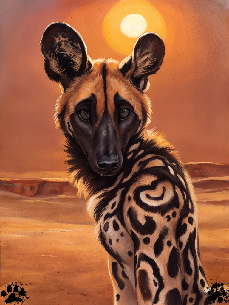 solo, anthro, African Wild Dog, feminine body, submissive, panting, shy, male, shaggy fur, thick fur, tail, beautiful eyes, perfect eyes, symmetrical eyes, (black retinas:1.2), detailed background, sahara desert background, dusk, realistic, photorealistic, ultra realistic, 8k, (by blotch), setting sun