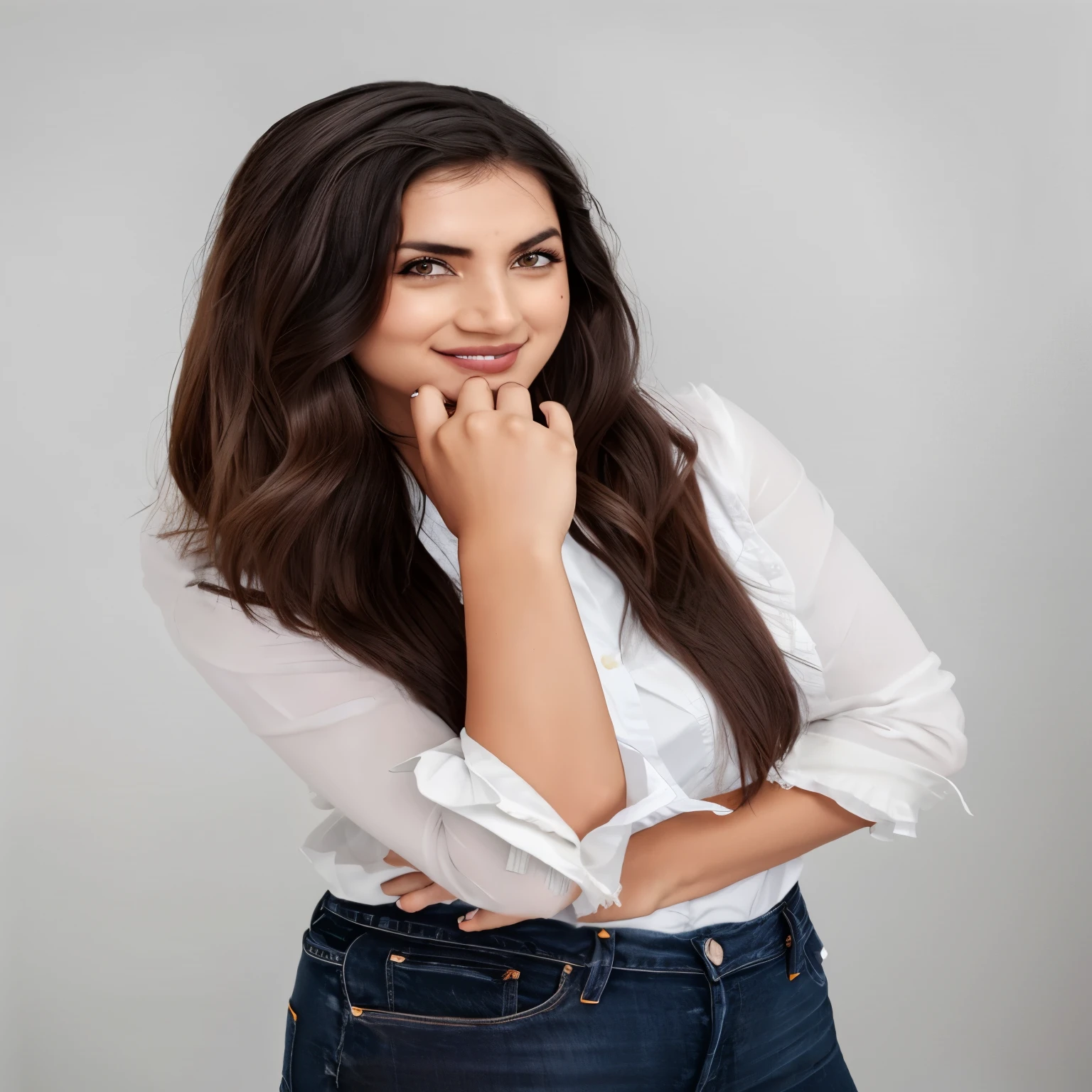 Arafed mujer con camisa blanca y jeans posando para una foto, con una blusa blanca, mano en su barbilla, mujer con pelo largo y negro, vestido con camisa blanca, pose relajada y segura, mujer joven con cabello largo y oscuro, mujer posando, promotional photoshoot, Foto de retrato de estudio, una hermosa mujer vestida de blanco, retrato promocional, foto de una mujer, pose de retrato