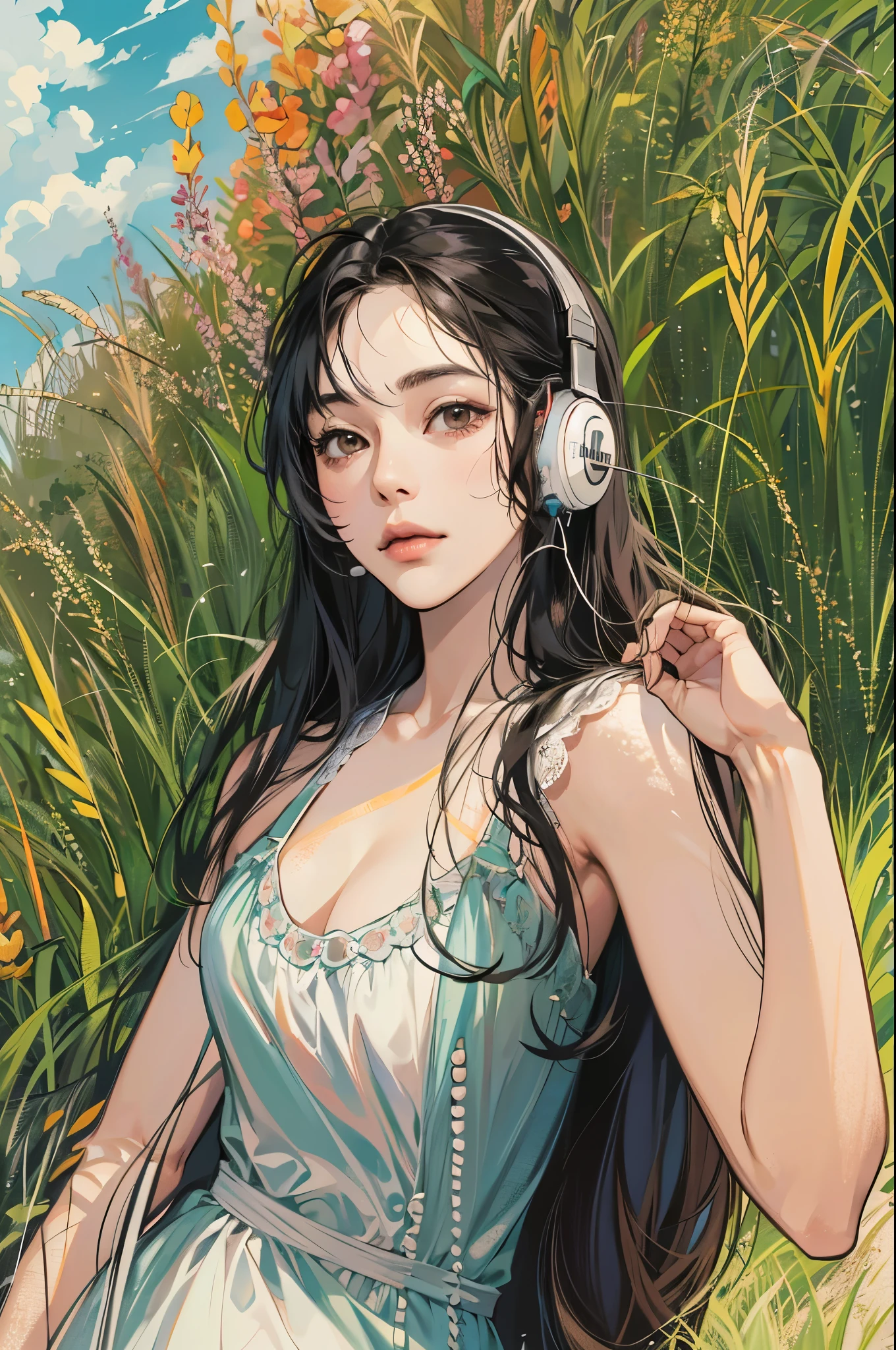(absurdres, highres, ultra detailed, realistic, ), 1 18year-old，girl, solo, elegance， long black hair,  brown eyes, earphone，blue sky and grass background, ultra - detailed, best quality, Detailed diagram, vectorized, 8K,  Graphic design, vector lines, Full-HD，full body