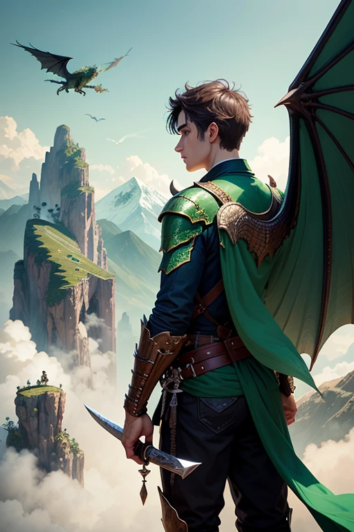 A young man and his dragon with green wings in the mountains observing the terrain. The young man is holding a sword and the green dragon is behind him, detalles intrincados, Fantasy Art, Asombroso, arte premiado.