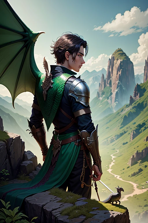 A young man and his dragon with green wings in the mountains observing the terrain. The young man is holding a sword and the green dragon is behind him, detalles intrincados, Fantasy Art, Asombroso, arte premiado.