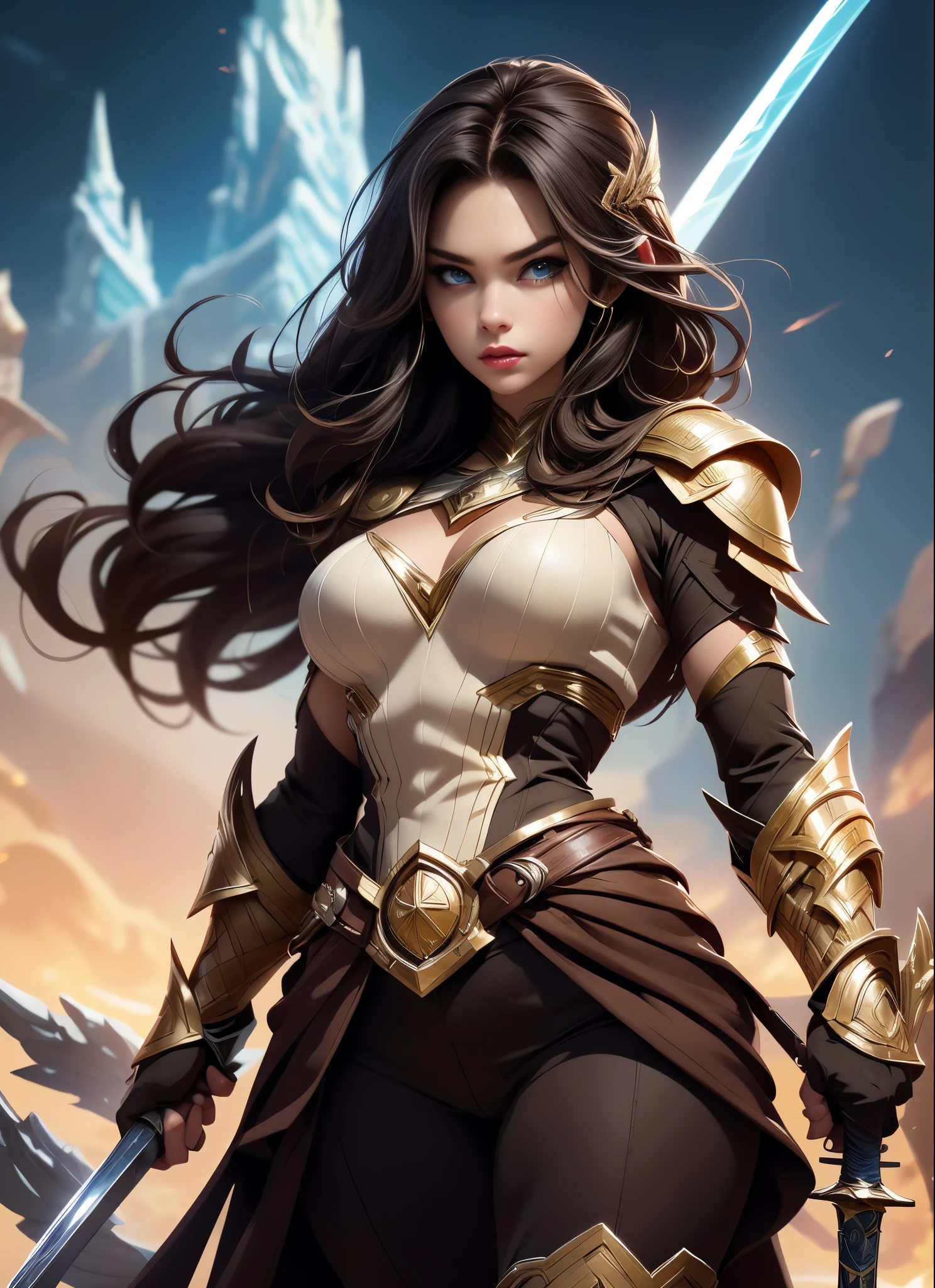 Alison Tyler as a Asgard valkyrie，blue eyes, long brown hair, perfect body, Senhora Cavaleiro，Anatomia correta，holding a magical big sword, epic fantasy digital art, masterpiece，8k，high-definition resolution，desenho detalhado，Qualidade Superior，, Epic composition