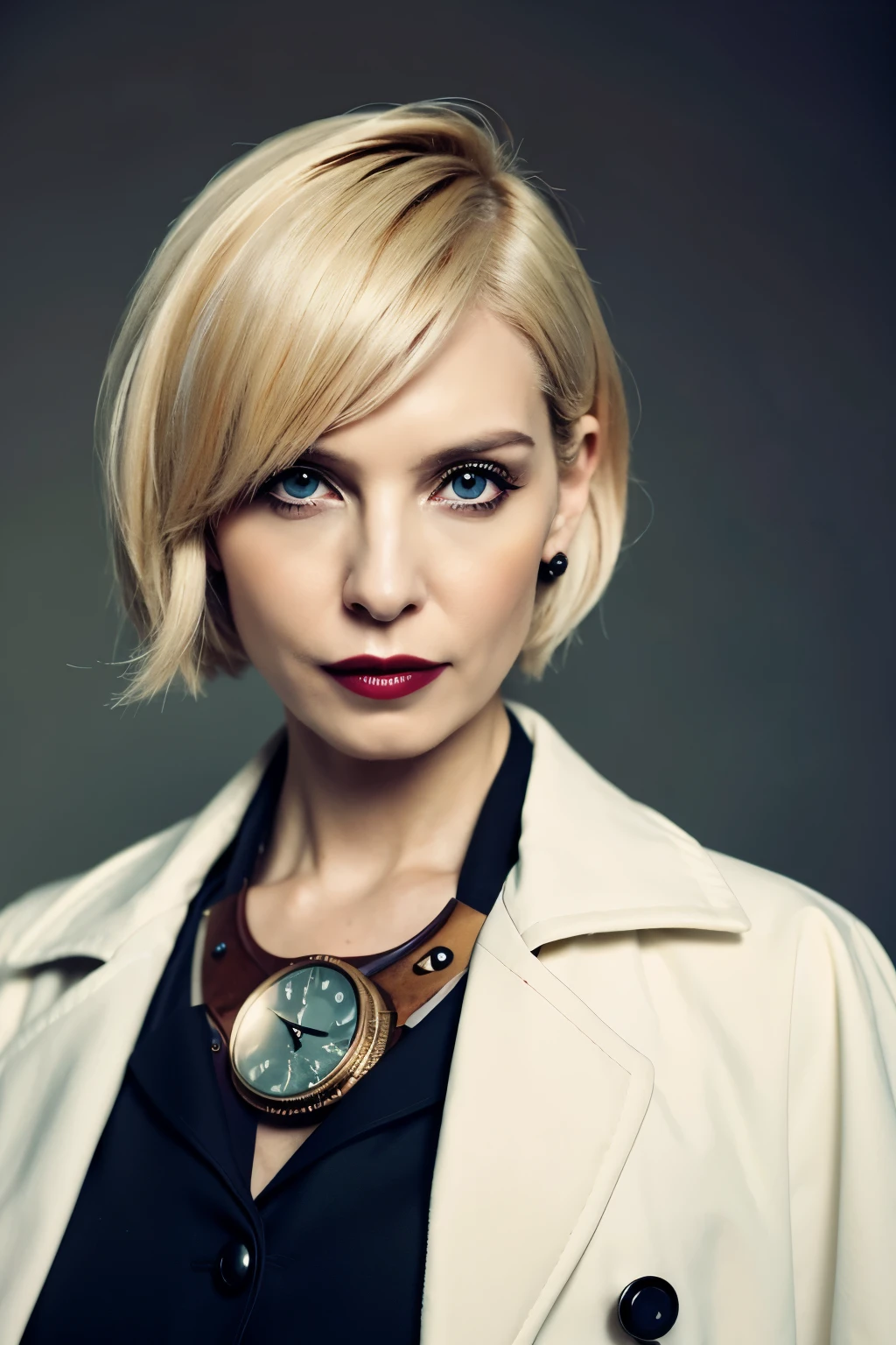 masterpiece,doctor,steampunk,blonde short bob hair,villain,wearing white coat,dark navy eyes,american,(40 years old),mature lady,