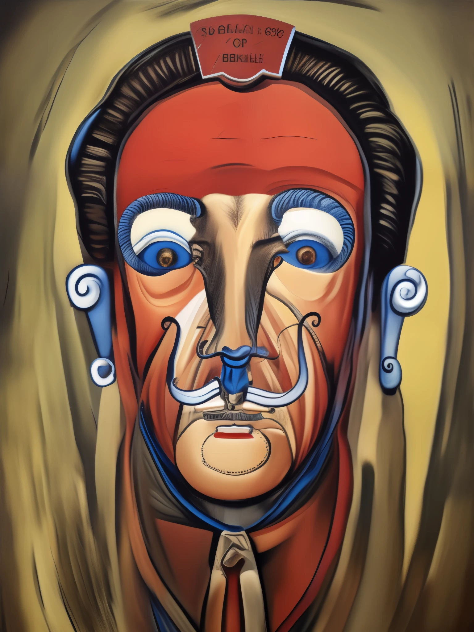 Optical illusion art,oil paint strokes,is a man with a mustache、Man with mustache in mouth, Goat face for nose,salvador dali style, inspired by Salvador Dali, dali style, inspired by Salvador Dali, Inspired by Dali, in no estilo do Salvador Dali, dali style, Inspired by Salvador Dali, no estilo do Salvador Dali, Detailed face with mustache, surrealist portrait, Inspired by Oswaldo Guayasamín