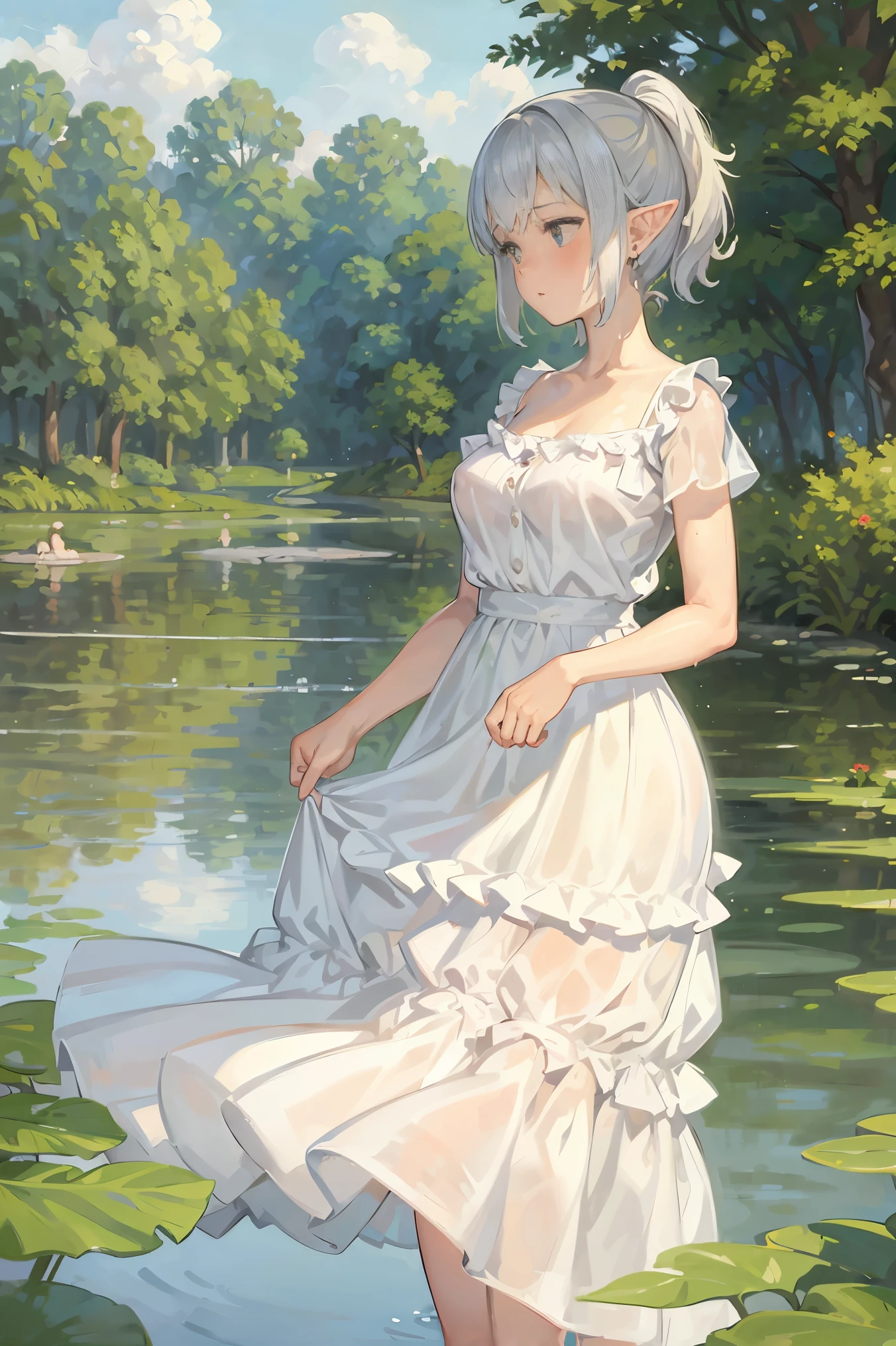 In Claude Monet style, Impressionism, 1girl, upper body focus, (white camisole dress), 14 year old, full body Esbian, short silver hair, pond, wet, ((curtsey)), elf ear, nipples through, see-through, puffy nipples, bare breasts, {{{vulgarity}}}, breast focus, bare pussy