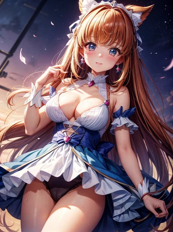 hight resolution, top-quality, ultra-quality, The ultra-detailliert, lighting like a movie、full of sweat、Wearing sweat、(((sexy precure princess)))、、、(My whole body is sweaty、after sex、show off your pussy、not wearing underwear、accurate anatomy、beautiful nipples)、Obscene atmosphere、Front Camera Angle