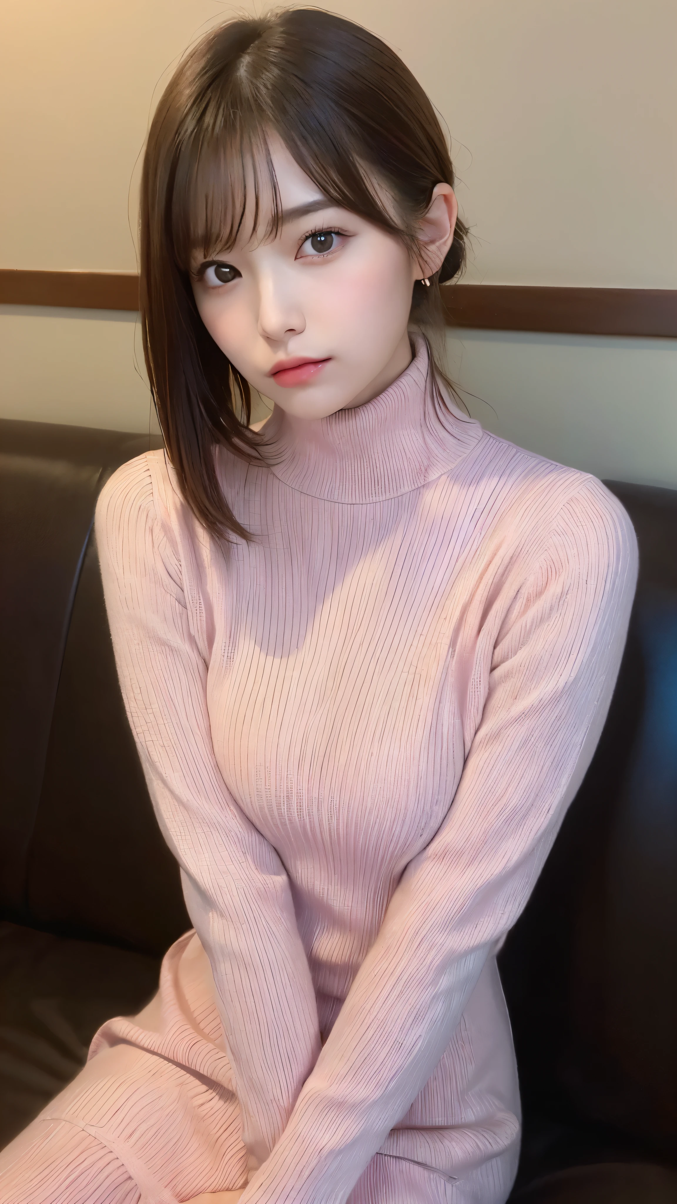 (masterpiece:1.5)、(realistic:1.5)、(highest quality:1.4、8K、RAW photo）、
ultra high resolution、professional lighting、perfect dynamic composition、Shot indoors、
film grain、chromatic aberration、(Bokeh:1.1)、
Frank、Sophisticated、charm、超realistic、high detail、golden ratio、
(1 girl)、slender girl、繊細でcharm女の子、cute woman:1.4、
serious expression、looking at the viewer、sculpture installation、Sit on the couch and relax、
light brown hair、shining hair、Hair style is ponytail、
skin that looks real、
close your mouth、fine eyes、double eyelid、thin arms、、
(She is wearing a pink turtleneck ribbed sweater dress.:1.3)、show thighs