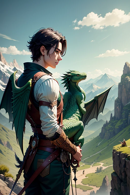A young man and his dragon with green wings in the mountains observing the terrain. The young man is holding a sword and the green dragon is behind him, detalles intrincados, Fantasy Art, Asombroso, arte premiado.