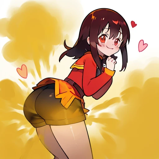 Megumin(KonoSuba)、1girl in、solo、(master piece)、highest quality、pastel colour、Glossy、Overuse of chromatic aberration、spoken hearts、victory pose、fart、a lot of gas、embarrassing、blush、Satisfied smile、Be red in the face、Gas comes out of the butt