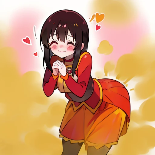 Megumin(KonoSuba)、1girl in、solo、(master piece)、highest quality、pastel colour、Glossy、Overuse of chromatic aberration、spoken hearts、victory pose、fart、a lot of gas、embarrassing、blush、Satisfied smile、Be red in the face、Gas comes out of the butt
