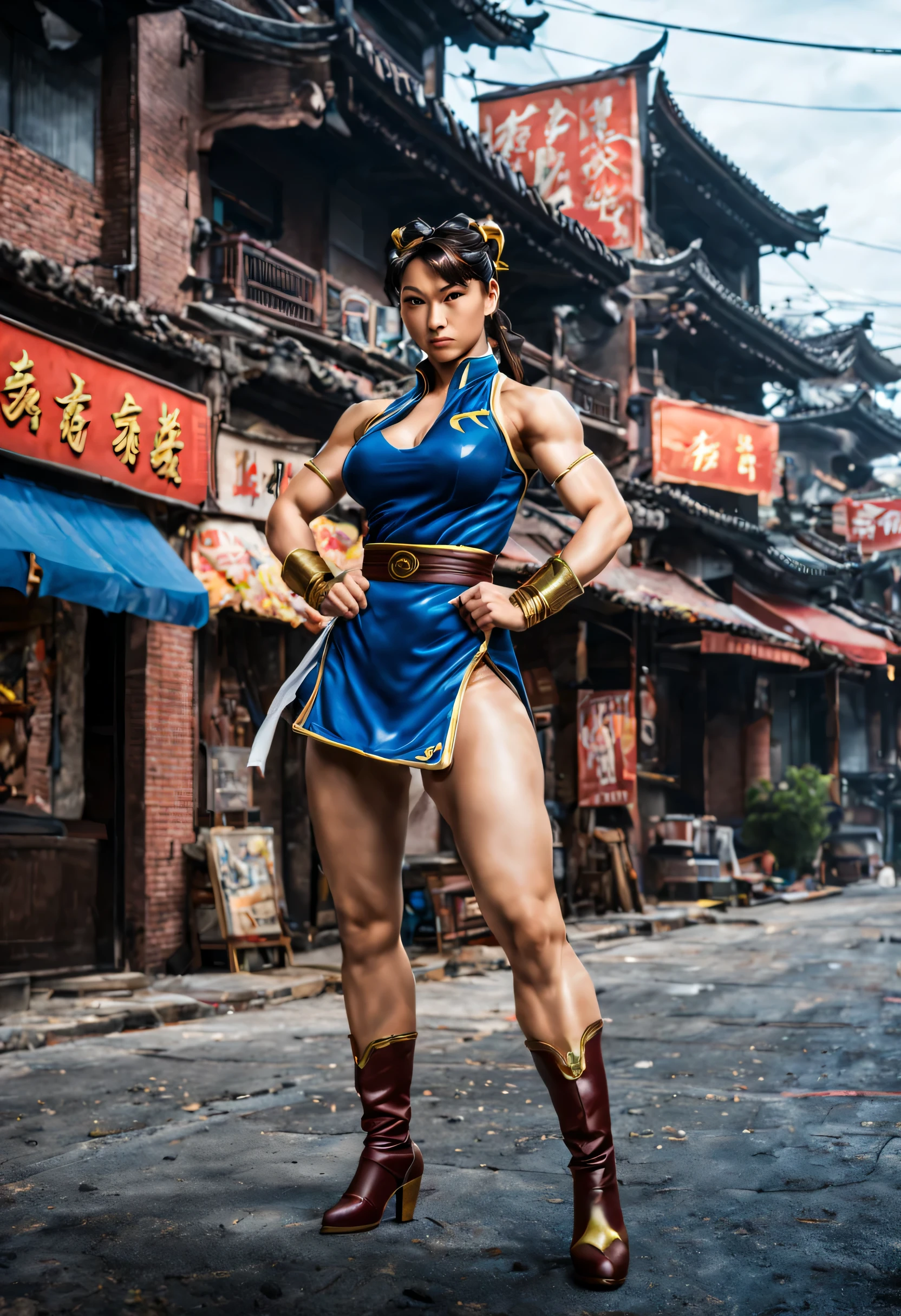 cinematic pose,masterpiece,best quality,Chun-Li,full body,Street,scenery,