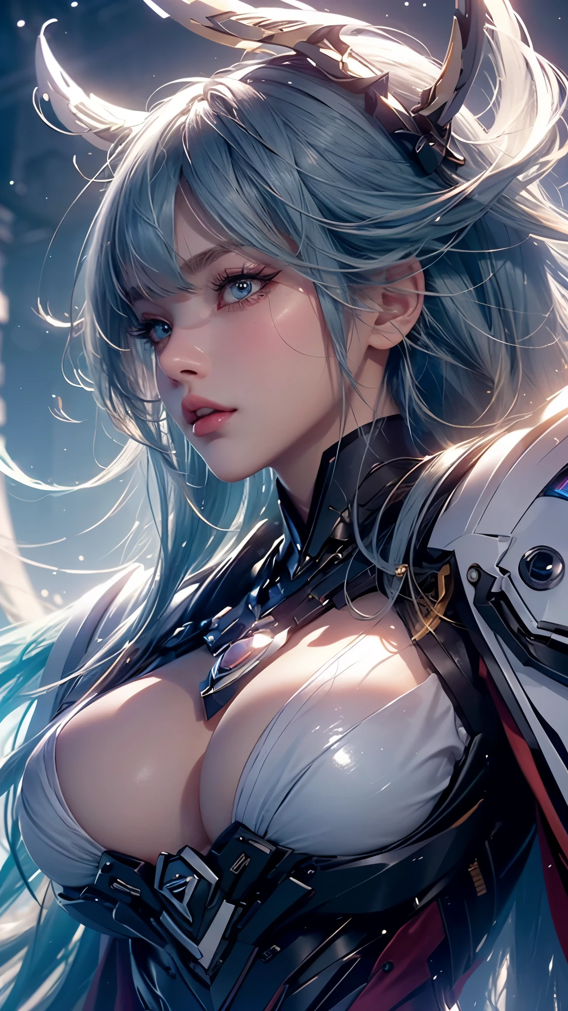 (UHD, retina, masterpiece, accurate, anatomically_correct, textured_skin, super_detail, high_details, high_quality, best_quality, high_res, 1080P, HD, 4K, 8k, 16k), (beautiful_detailed_eyes, beautiful_detailed_lips, extremely_detailed_eyes_and_face), soft_lighting, physically-based_rendering, vivid_colors, (large_breasts:1.5), (shiny_hair, shiny_skin, tanned_skin, blush), (bangs:1.5), eye_reflection, (bokeh), semi-profile_view, (blue_light:1.5),