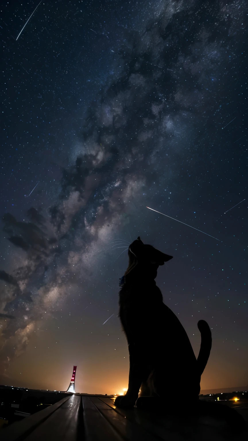 A cat looks up at the starry sky on the roof