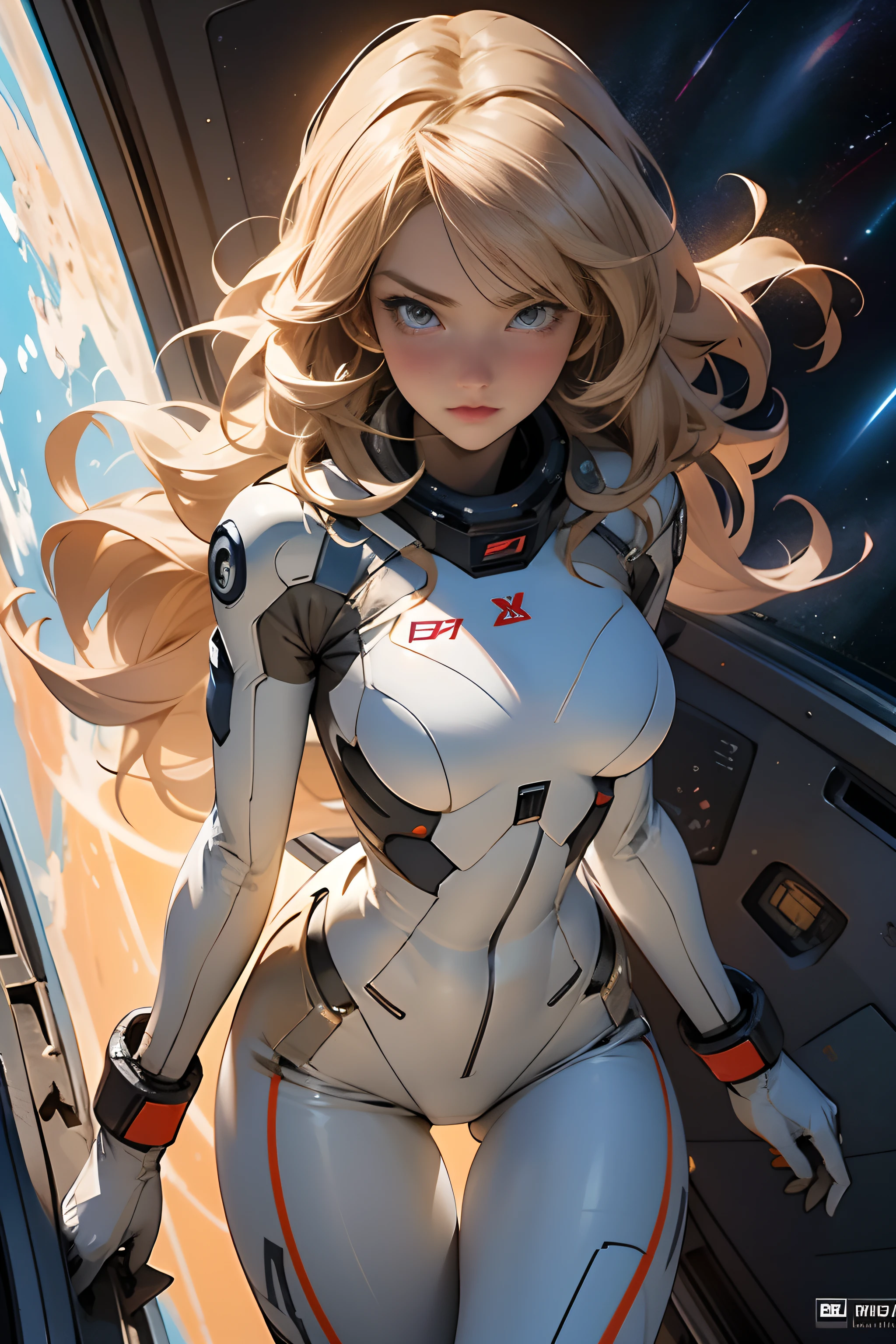 Sand-colored hair fits her body, big breasts, thin legs, thin waist, pilot suit, looking alone at the audience in space, long hair, blushing with determination., 8k, Extreme details,