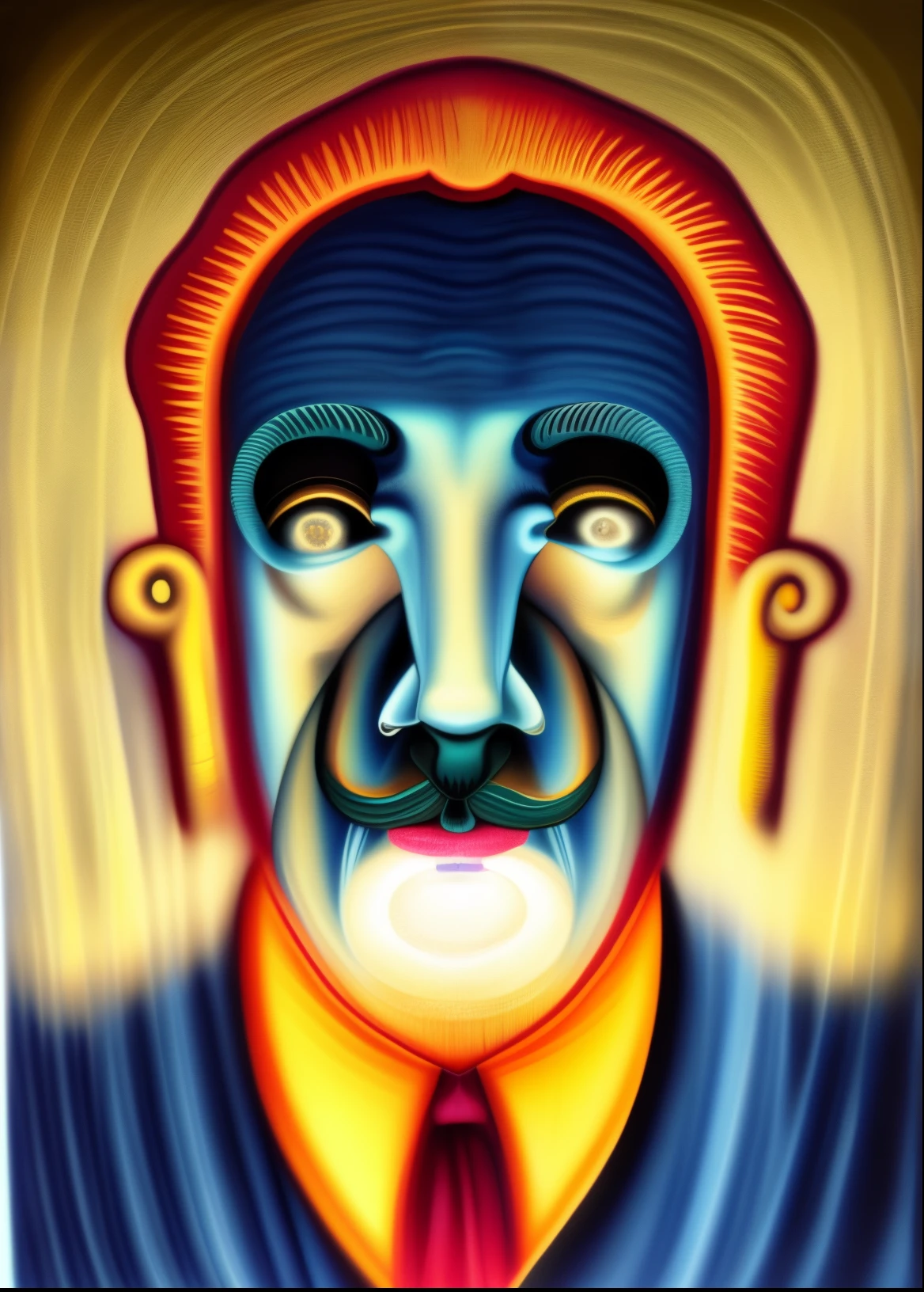 The painting is of a man with a mustache、Man with mustache in mouth,goat facial features, inspired by Salvador Dali, dali style, inspired by Salvador Dali, Inspired by Salvador Dali, no estilo do Salvador Dali, Detailed face with mustache, surrealist portrait, Inspired by Oswaldo Guayasamín