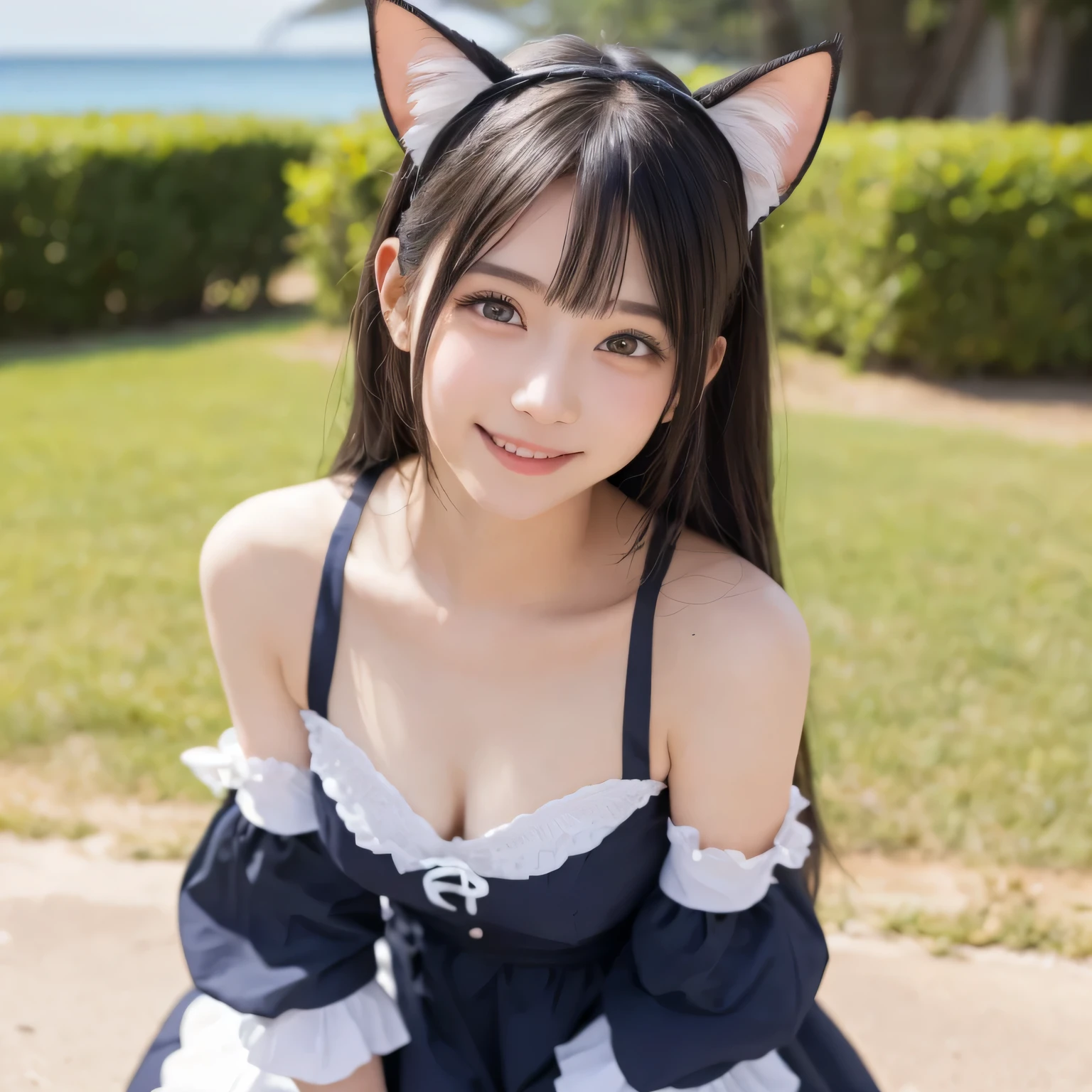 on the table, best quality, illustration, Super detailed, fine details, high resolution, 8k wallpaper, Perfect dynamic composition, Beautiful and delicate eyes,whole body摄影,show your whole body、thin and transparent、long gray hair, (Close-up of underwear from below),Smile,Harajuku、20 year old girl、Eyeliner、beautiful bangs、hair between eyes、((masterpiece、top quality、Super detailed、movie light、intricate details、high resolution、Very detailed))、background for this、8 kood、digital SLR、soft light、high quality、film grain、富士XT3 、shallow view deep、natural soft light、Kamimei、See the knees, Look at the sexy shots of the lens、Bold sexy pose、Above the legs、whole body、Holding a bouquet of flowers,Set on the beach、side view、cat ears、cat ears、cat ears、maid outfit、maid outfit