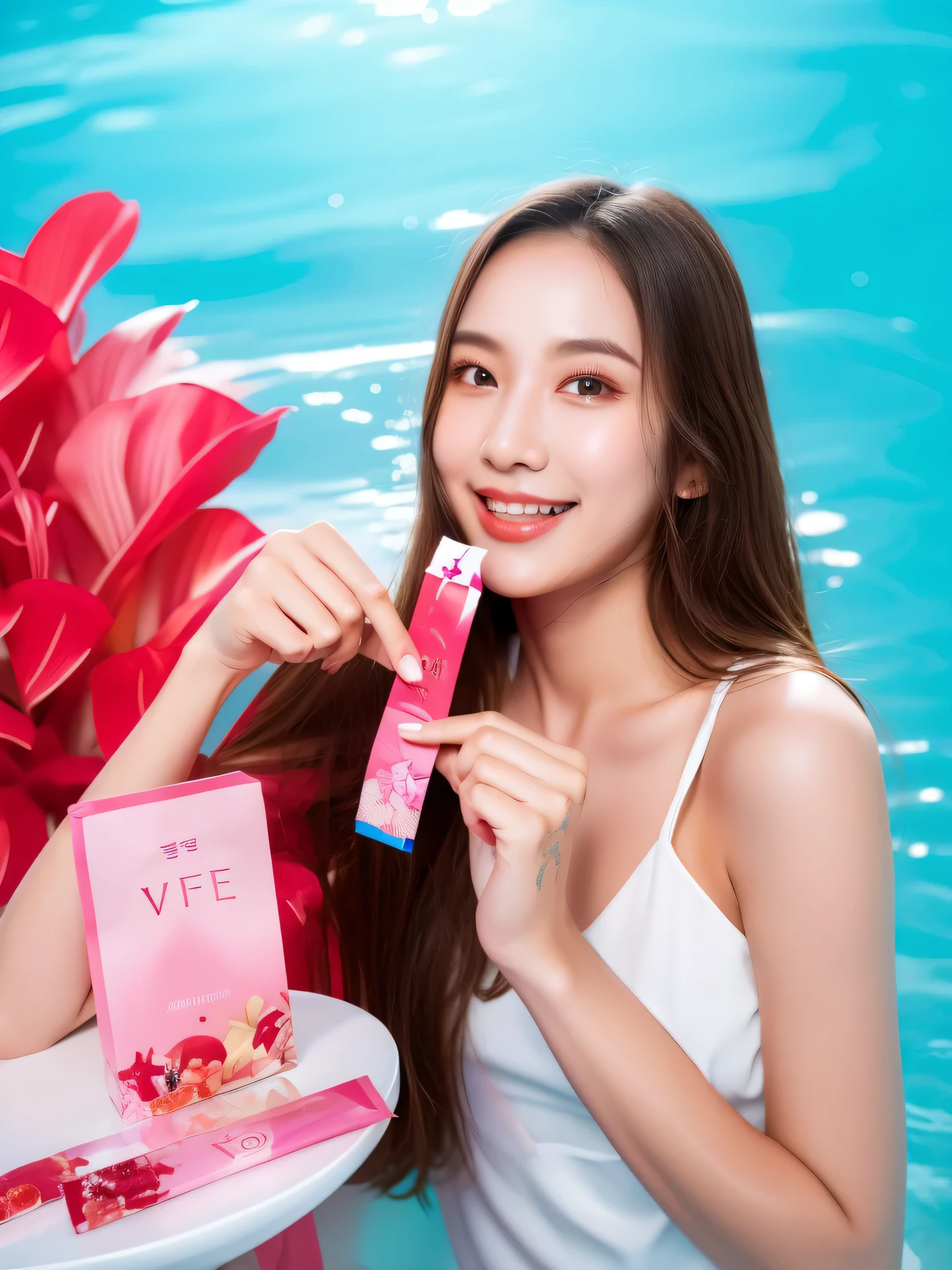 A beautiful girl holding a jelly sachet, very pretty face, photoshoot for skincare brand, white skin tone, korean girl, masterpiece, 8k