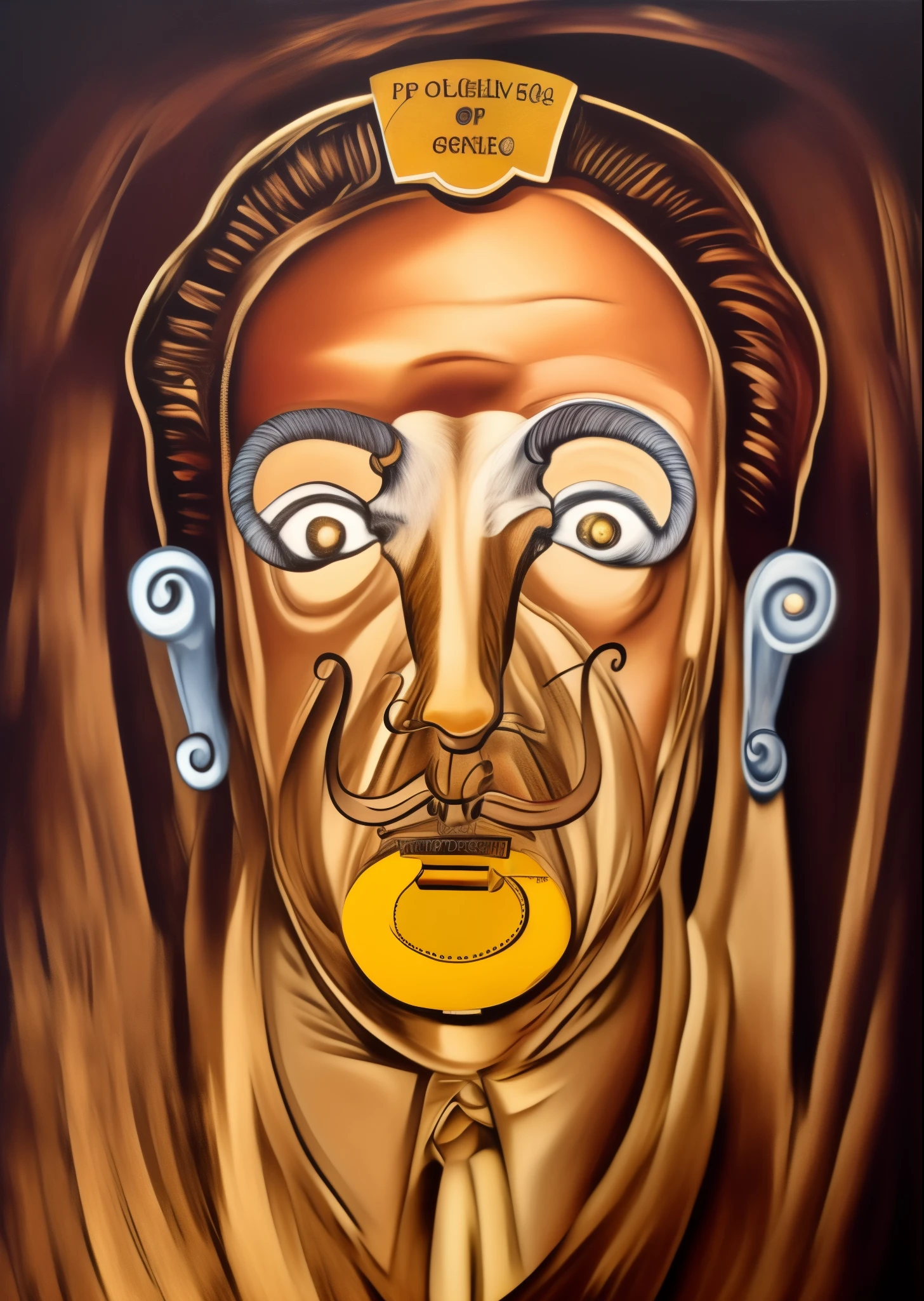 Optical illusion art，oil paint strokes，is a man with a mustache、Man with mustache in mouth, Goat face for nose，The masseter muscles on both sides of the mouth are goatee，salvador dali style, inspired by Salvador Dali, dali style, inspired by Salvador Dali, Inspired by Dali, in no estilo do Salvador Dali, dali style, Inspired by Salvador Dali, no estilo do Salvador Dali, Detailed face with mustache, surrealist portrait, Inspired by Oswaldo Guayasamín