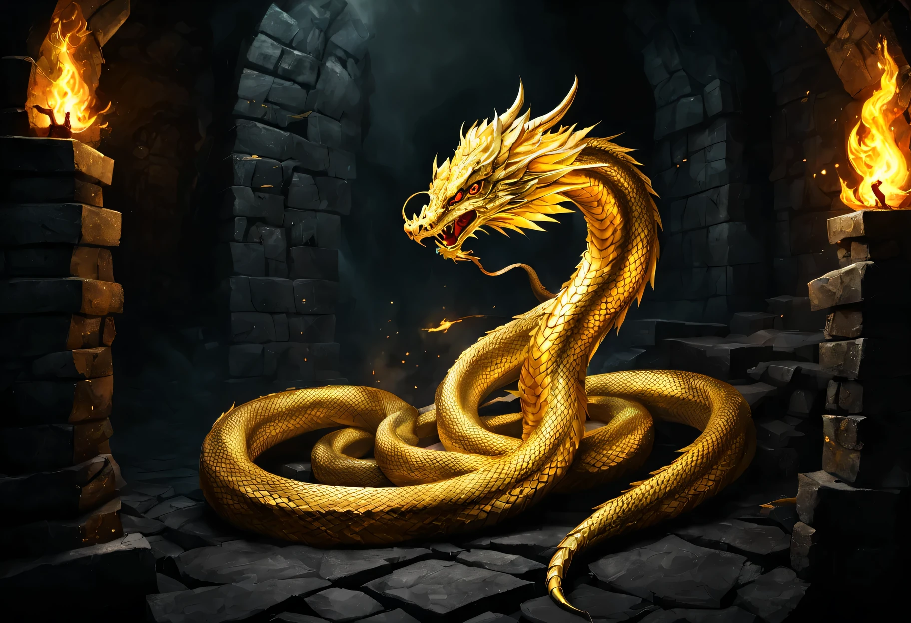 (((There is a golden dragon snake in the dungeon，Meandering on the dark ground)))，(best quality,4K,high resolution,masterpiece:1.2),Super detailed,actual,dark underground scene,Ominous atmosphere,clandestine,mystery,shadow,low key lighting,hidden items,creeping figures,suspenseful,hidden doorway,footsteps echo,underground tunnel,dimly lit passage,The voice of a whisper,Dust and musty smell,ancient building,mystery symbols on the walls,Subtle flickering candlelight,Secrets waiting to be discovered,The feeling of anticipation,Invisible dangers lurk in the darkness,A thrilling sense of adventure,suspenseful ambiance,Chills down the spine,Incredible,unknown depth,脉动的mystery感,shrouded in secrecy,Falling into the unknown,Enchanting darkness,Uncover hidden truths,unexplored secrets,whispers of the past,Dark secrets underground.