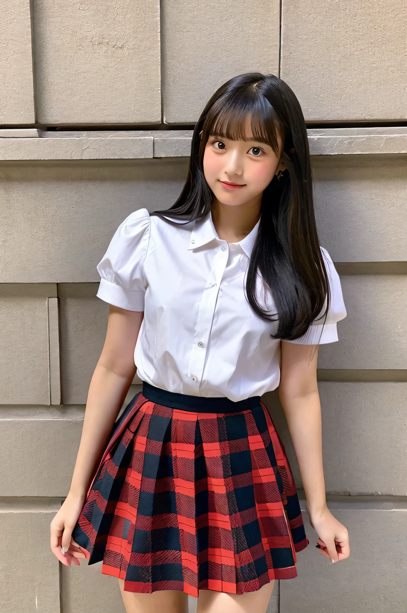 An 18-year-old high school girl wearing a super miniskirt with a red plaid pattern and a white dress shirt..(black hair)