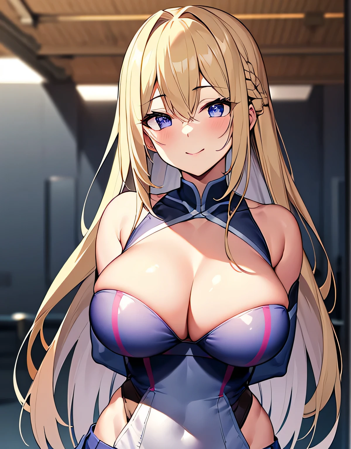 leotard, mini skirt, Are standing,light smile, cleavage,blonde hair,indoor arena,super detailed,(big breasts:1.5),looking at the viewer,Are standing,(((masterpiece))),((highest quality)),perfect anatomy,8K UHD,highly detailed face,luster and luster,((1 girl)),((alone)),beautiful and fine eyes,perfect image,(Upper body:1.1),(look ahead:1.1),turn your arms behind your back,slim waist,(shiny hair),