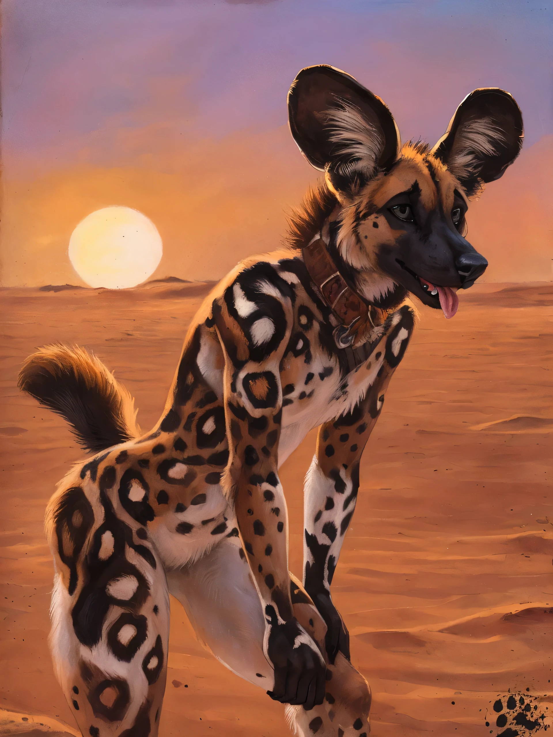 solo, (anthro:1.2), African Wild Dog, feminine body, submissive, panting, shy, male, shaggy fur, thick fur, tail, beautiful eyes, perfect eyes, symmetrical eyes, (black retinas:1.2), detailed background, sahara desert background, dusk, realistic, photorealistic, ultra realistic, 8k, (by blotch), beautiful setting sun, brown collar,