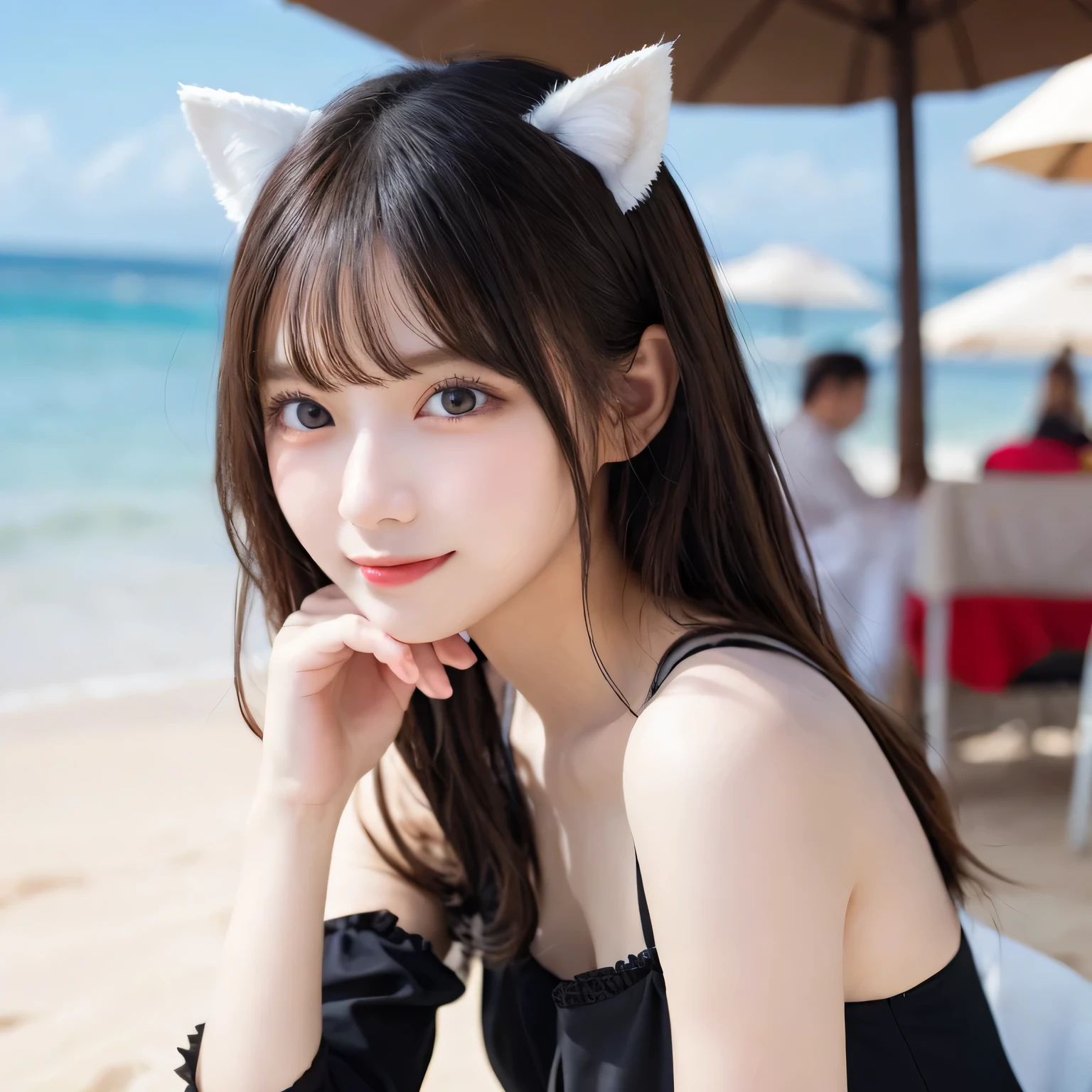 on the table, best quality, illustration, Super detailed, fine details, high resolution, 8k wallpaper, Perfect dynamic composition, Beautiful and delicate eyes,whole body摄影,show your whole body、thin and transparent、long gray hair, Bold sexy pose,Smile,Harajuku、20 year old girl、Eyeliner、beautiful bangs、hair between eyes、((masterpiece、top quality、Super detailed、movie light、intricate details、high resolution、Very detailed))、background for this、8 kood、digital SLR、soft light、high quality、film grain、富士XT3 、shallow view deep、natural soft light、Kamimei、See the knees, Look at the sexy shots of the lens、Bold sexy pose、Above the legs、whole body、Holding a bouquet of flowers,Set on the beach、side view、Cat ears role-playing、Cat ears role-playing、Cat ears role-playing
