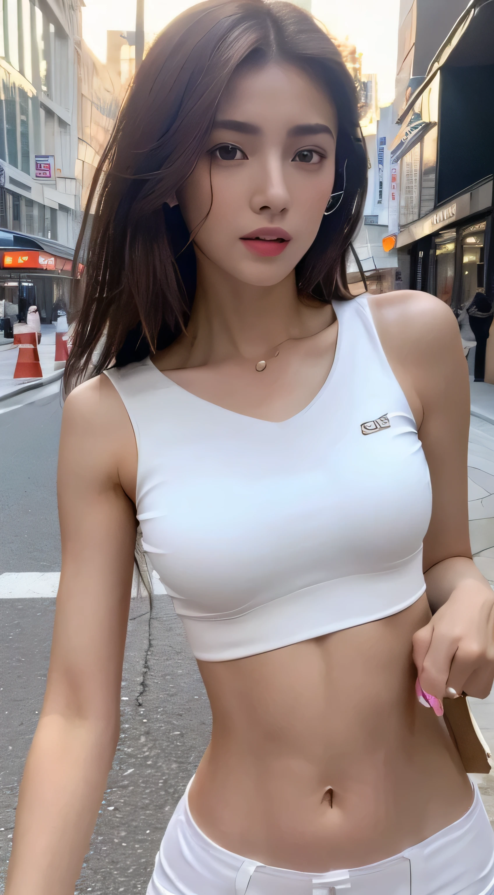 ((Realistic lighting, Best quality, 8K, Masterpiece: 1.3)), Clear focus: 1.2, 1girl, Perfect Figure: 1.4, Slim Abs: 1.1, ((Dark brown hair)), (White crop top: 1.4), (Outdoor, Night: 1.1), City streets, Super fine face, Fine eyes, Double eyelids,