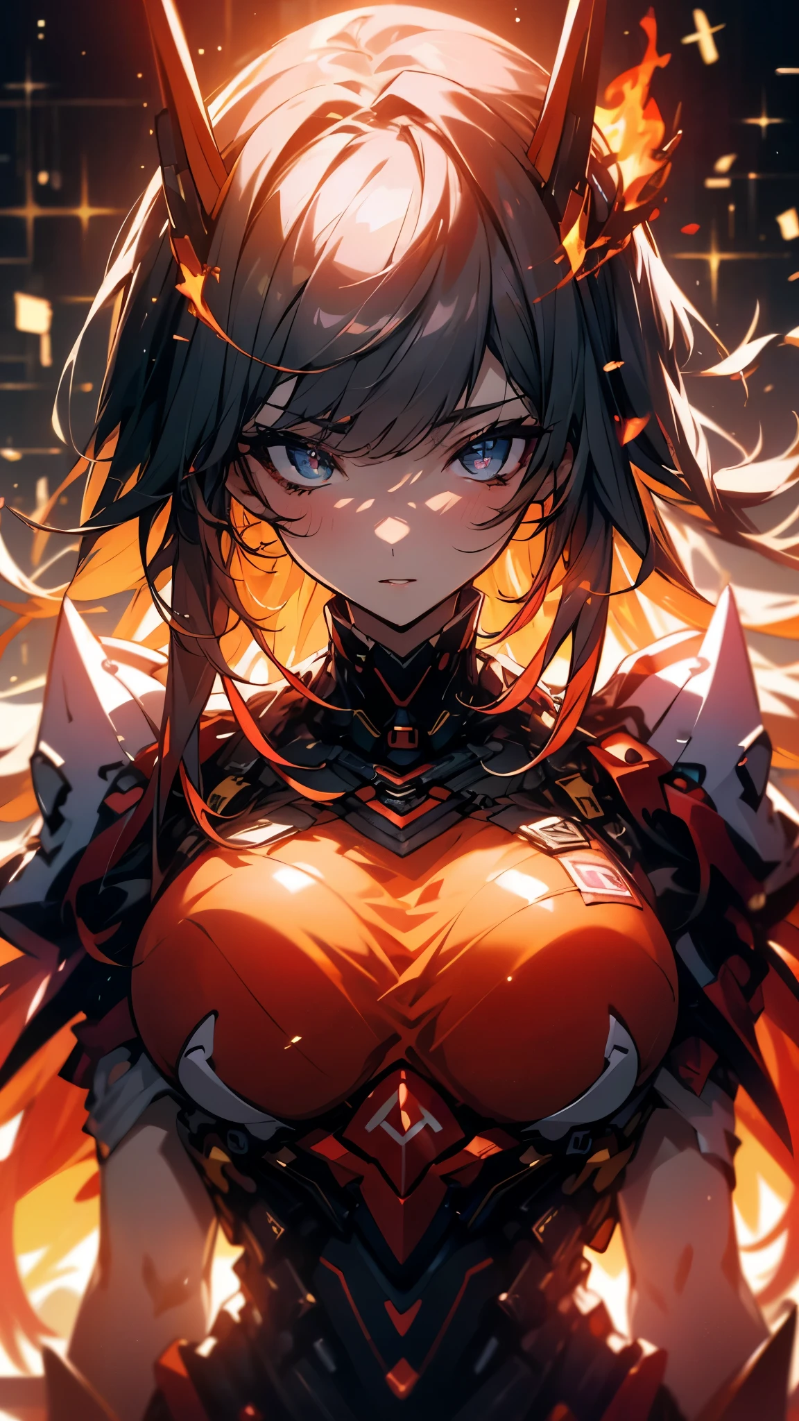 (UHD, retina, masterpiece, accurate, anatomically_correct, textured_skin, super_detail, high_details, high_quality, best_quality, high_res, 1080P, HD, 4K, 8k, 16k), (beautiful_detailed_eyes, beautiful_detailed_lips, extremely_detailed_eyes_and_face), soft_lighting, physically-based_rendering, vivid_colors, (large_breasts:1.5), (shiny_hair, shiny_skin, tanned_skin, blush), (bangs:1.5), eye_reflection, (bokeh, fire:1.5),