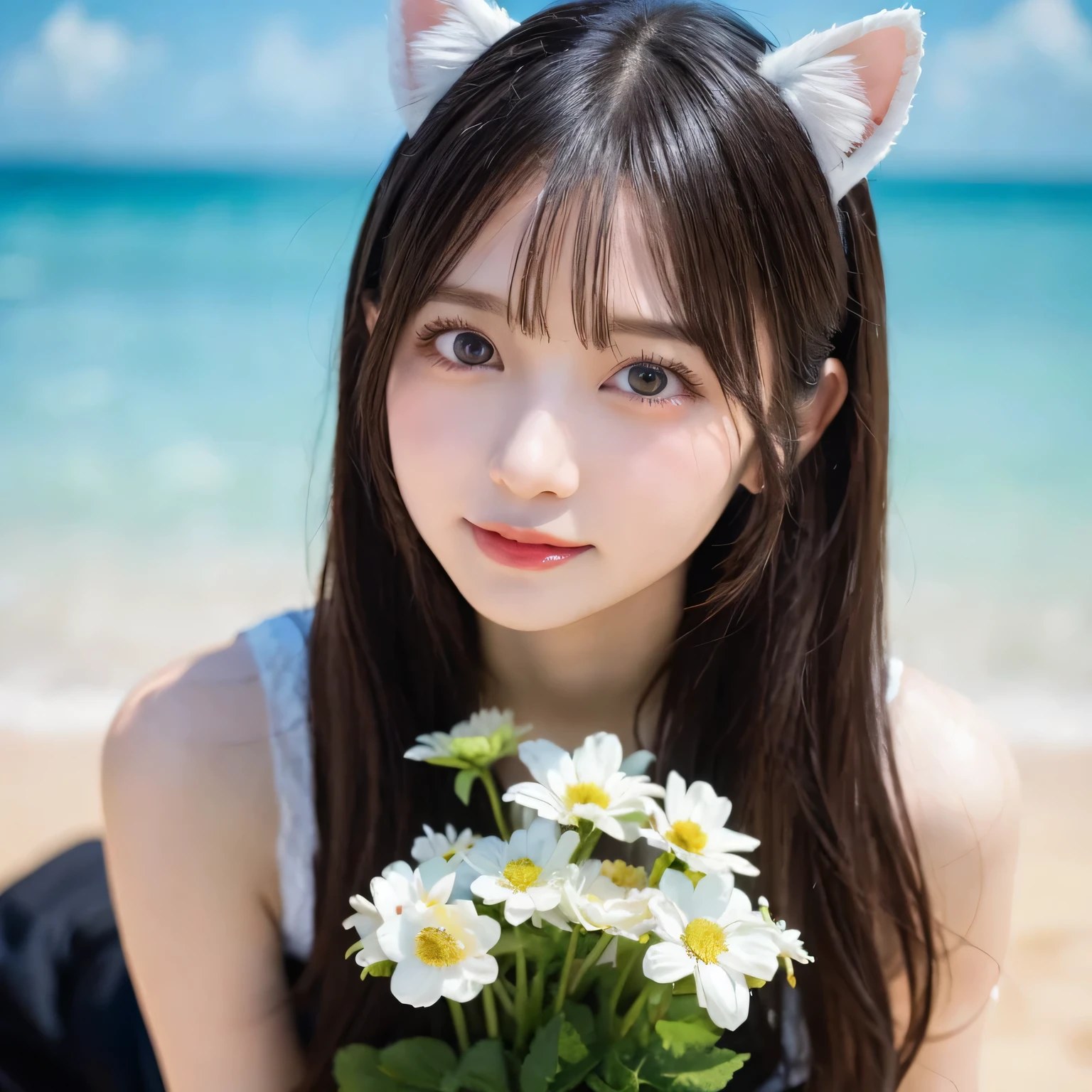 on the table, best quality, illustration, Super detailed, fine details, high resolution, 8k wallpaper, Perfect dynamic composition, Beautiful and delicate eyes,whole body摄影,show your whole body、thin and transparent、long gray hair, Bold sexy pose,Smile,Harajuku、20 year old girl、Eyeliner、beautiful bangs、hair between eyes、((masterpiece、top quality、Super detailed、movie light、intricate details、high resolution、Very detailed))、background for this、8 kood、digital SLR、soft light、high quality、film grain、富士XT3 、shallow view deep、natural soft light、Kamimei、See the knees, Look at the sexy shots of the lens、Bold sexy pose、Above the legs、whole body、Holding a bouquet of flowers,Set on the beach、side view、Cat ears role-playing、Cat ears role-playing、Cat ears role-playing