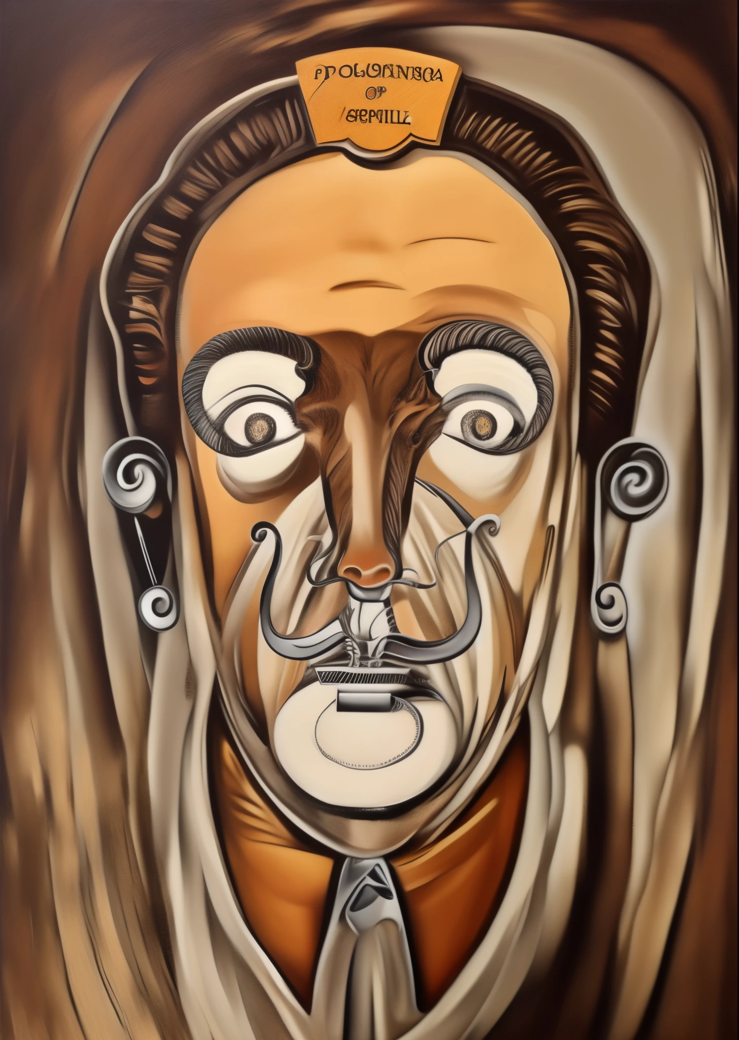 Optical illusion art，oil paint strokes，is a man with a mustache、Man with mustache in mouth, Goat face for nose，The masseter muscles on both sides of the mouth are goatee，salvador dali style, inspired by Salvador Dali, dali style, inspired by Salvador Dali, Inspired by Dali, in no estilo do Salvador Dali, dali style, Inspired by Salvador Dali, no estilo do Salvador Dali, Detailed face with mustache, surrealist portrait, Inspired by Oswaldo Guayasamín