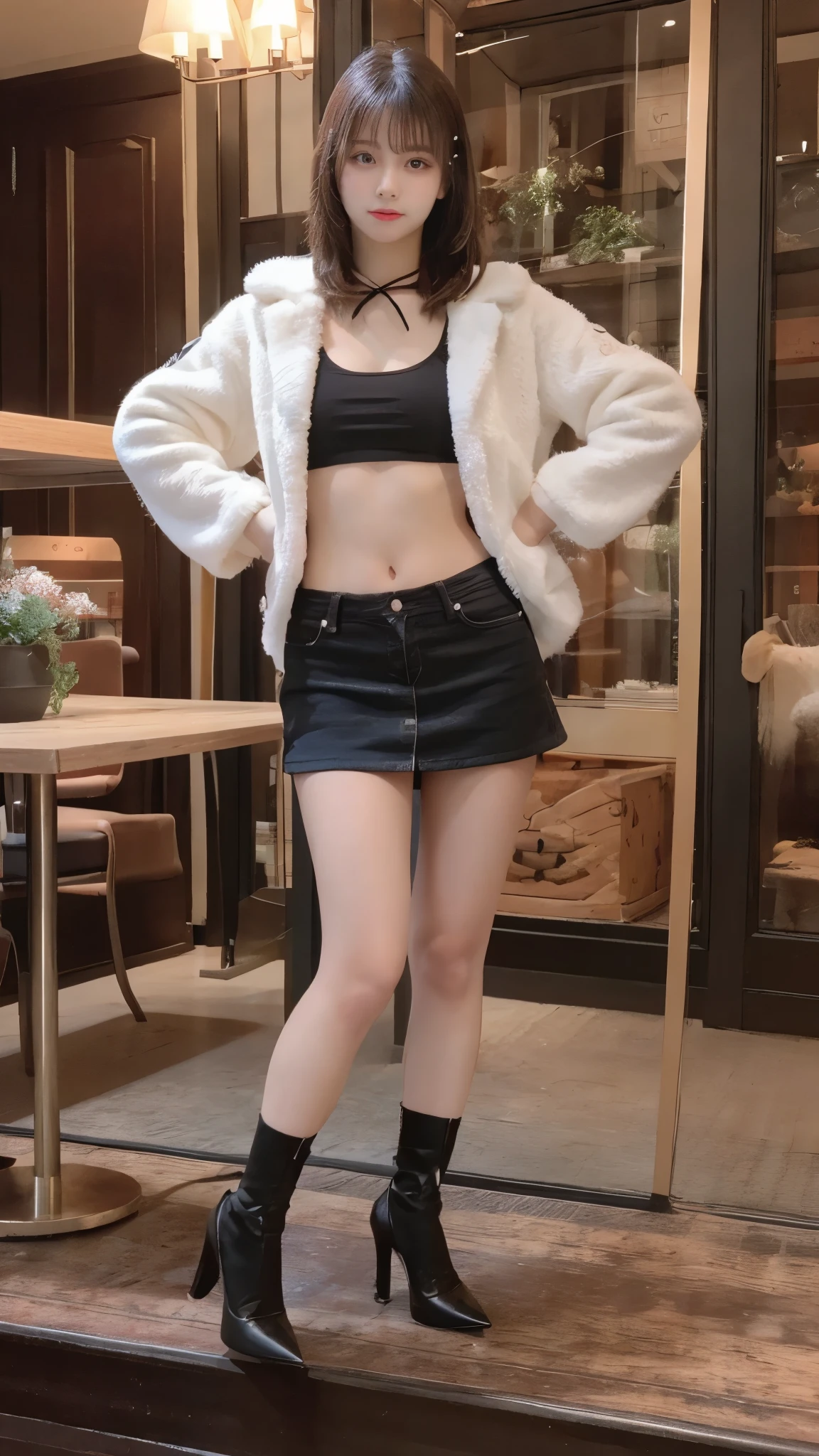 table top, highest quality, figure, super detailed, finely, High resolution, 8k wallpaper, 完璧なダイナミックな構figure, beautiful and fine eyes, woman's fashion fluffy winter clothes,Wearing sunglasses,medium hair,small breasts natural color lip, bold sexy pose、20 year old girl、cute、sexy shot looking at camera,RAW photo,anatomically correct body,blur the background,perfect and beautiful face,KPOP idol face,Slim face and body、Wearing a black miniskirt,Wearing black high heels,sitting in a chair,