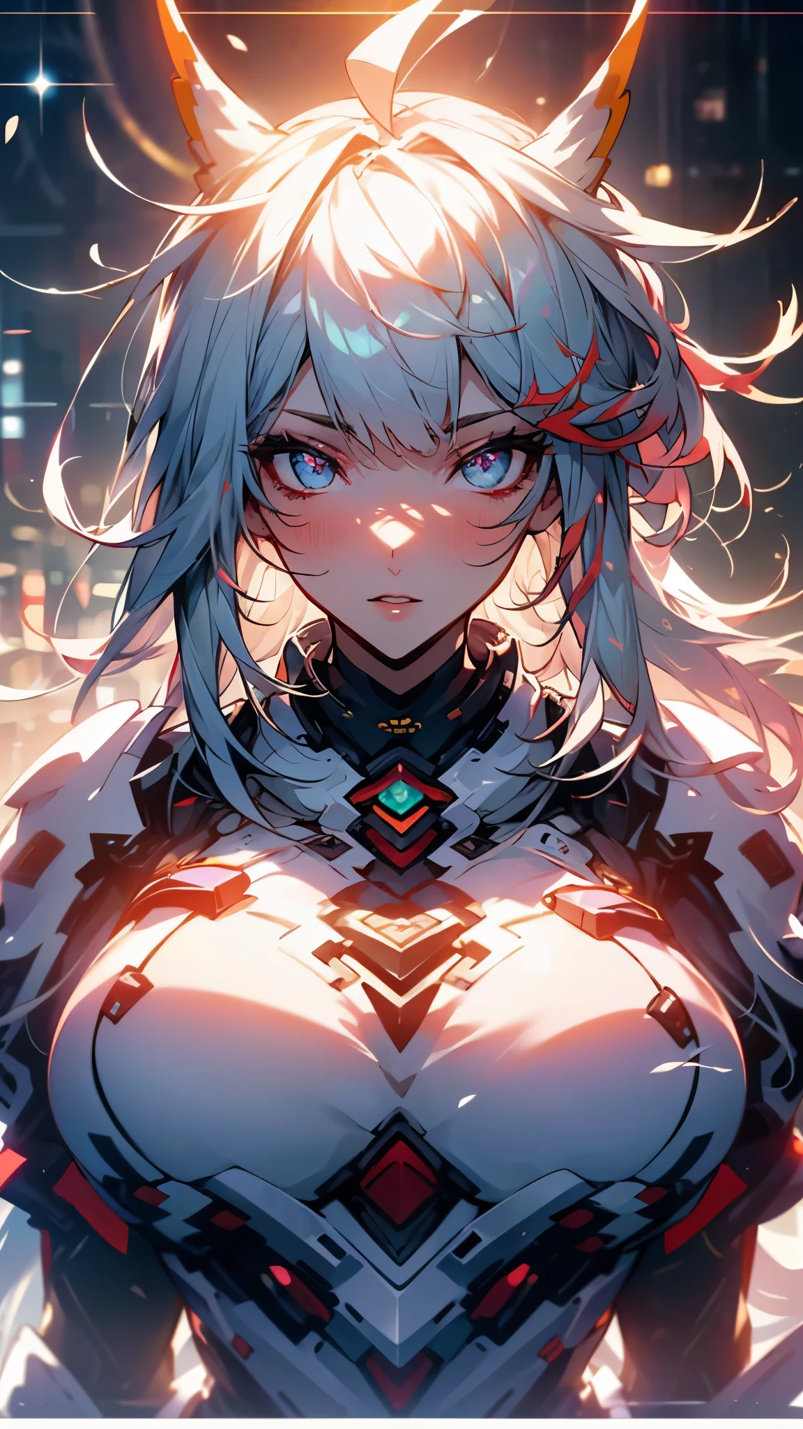 (UHD, retina, masterpiece, accurate, anatomically_correct, textured_skin, super_detail, high_details, high_quality, best_quality, high_res, 1080P, HD, 4K, 8k, 16k), (beautiful_detailed_eyes, beautiful_detailed_lips, extremely_detailed_eyes_and_face), soft_lighting, physically-based_rendering, vivid_colors, (large_breasts:1.5), (shiny_hair, shiny_skin, tanned_skin, blush), (bangs:1.5), eye_reflection, (bokeh, blizzard:1.5),