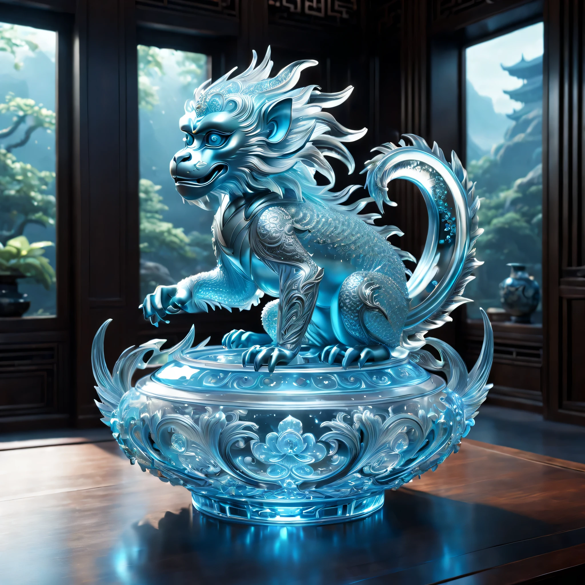 A dragon monkey is displayed in an empty room, RococoStyle, Crystal nuclei, Realistic light depiction, interesting and complex, light blue, hidden academia, World pattern,The body of the vase is illuminated by light, RococoStyle, futuristic elements, Crystal nuclei, Chinese iconography, swirl, light blue, giant money sculpture, Futuristic fantasy style, light blue, An intricate underwater world, Realistic light depiction, clear colors, Crystal nuclei, Light cyan and white, An intricate underwater world风格, Crystal nuclei, chinapunk, swirl, light blue, Glowing portrait, light box,(best quality,4K,8k,high resolution,masterpiece:1.2),super detailed,(actual,realistically,lifelike:1.37),extremely detailed glass vase，There is a monkey on it,super detailedscp神器可以,Complex and gorgeous anime CGI style,Exquisite renderings of the Tang Dynasty,Better than Paul and James Ginn,complex artwork. Guilty car rendering,Complex 8K rendering,8k vray rendering,rendering art,filled with glass. Computer Graphics Association,High quality rendering