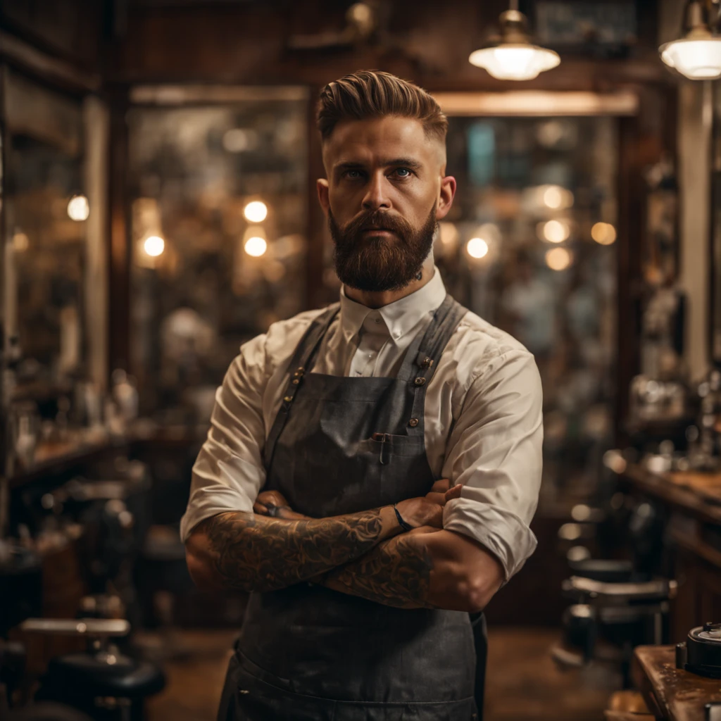 4k highly detailed realistic RAW digital photography of very high quality, of barber, arms crossed, full body, set in a barbershop in 8k, Cinematic lighting, Greg Rutkowski, wow, (F1.8 bokeh short focus)