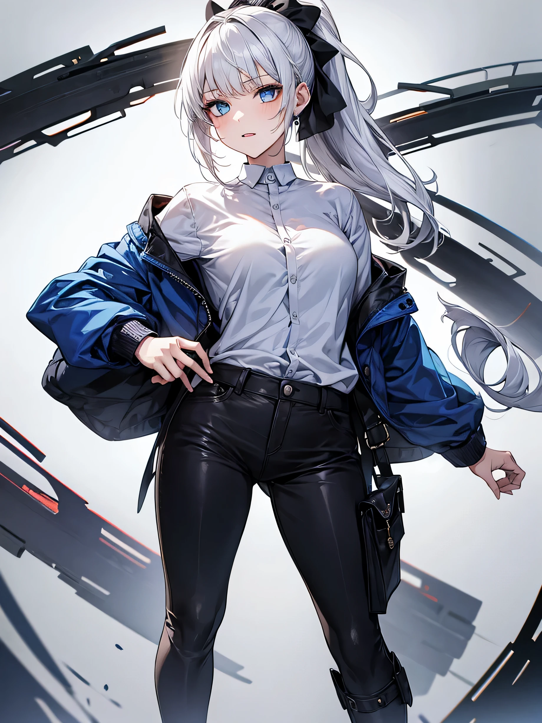 １woman, face focus, [[[[[[[adult]]]]]]], frontage,[[[Standing picture]]]、white background、highest quality, adopt, detailed face, [[[Full body Esbian]]]、[[[Standing picture]]], [[[18-year-old]]], bangs, [[laughter]]、black shirt、detective、[[[confident look]]], gray hair, ponytail,blue eyes