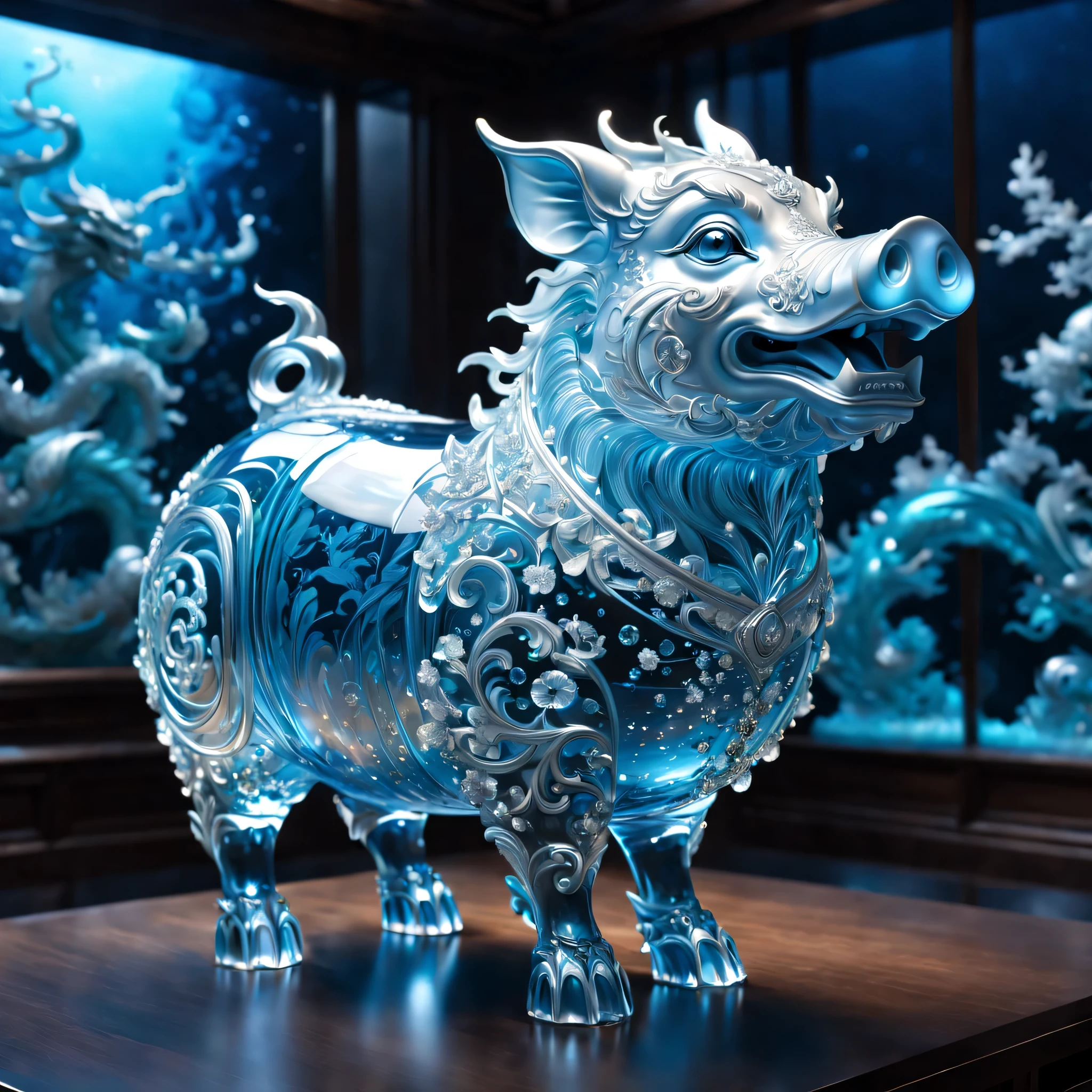 A dragon pig is displayed in an empty room, RococoStyle, Crystal nuclei, Realistic light depiction, interesting and complex, light blue, hidden academia, World pattern,The body of the vase is illuminated by light, RococoStyle, futuristic elements, Crystal nuclei, Chinese iconography, swirl, light blue, giant money sculpture, Futuristic fantasy style, light blue, An intricate underwater world, Realistic light depiction, clear colors, Crystal nuclei, Light cyan and white, An intricate underwater world风格, Crystal nuclei, chinapunk, swirl, light blue, Glowing portrait, light box,(best quality,4K,8k,high resolution,masterpiece:1.2),super detailed,(actual,realistically,lifelike:1.37),extremely detailed glass vase,There'pig on top,super detailedscp神器可以,Complex and gorgeous anime CGI style,Exquisite renderings of the Tang Dynasty,Better than Paul and James Ginn,complex artwork. Guilty car rendering,Complex 8K rendering,8k vray rendering,rendering art,filled with glass. Computer Graphics Association,High quality rendering
