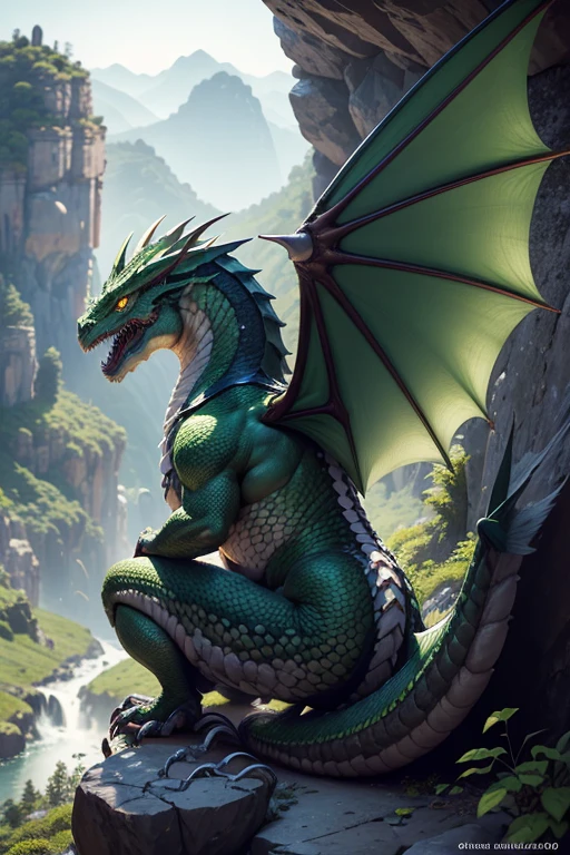 Ultra detallado、de primera calidad、high resolution、masterpiece、Sharp focus、3/5 disparos、Arte oficial、lighting like a movie、Unique lighting effects、Portrait of an ancient giant green dragon with big wings, lying on top of a rocky mountain、tiro al busto、escupir llama、fumar、Extiende las dos alas que crecen en la espalda.、cuatro patas