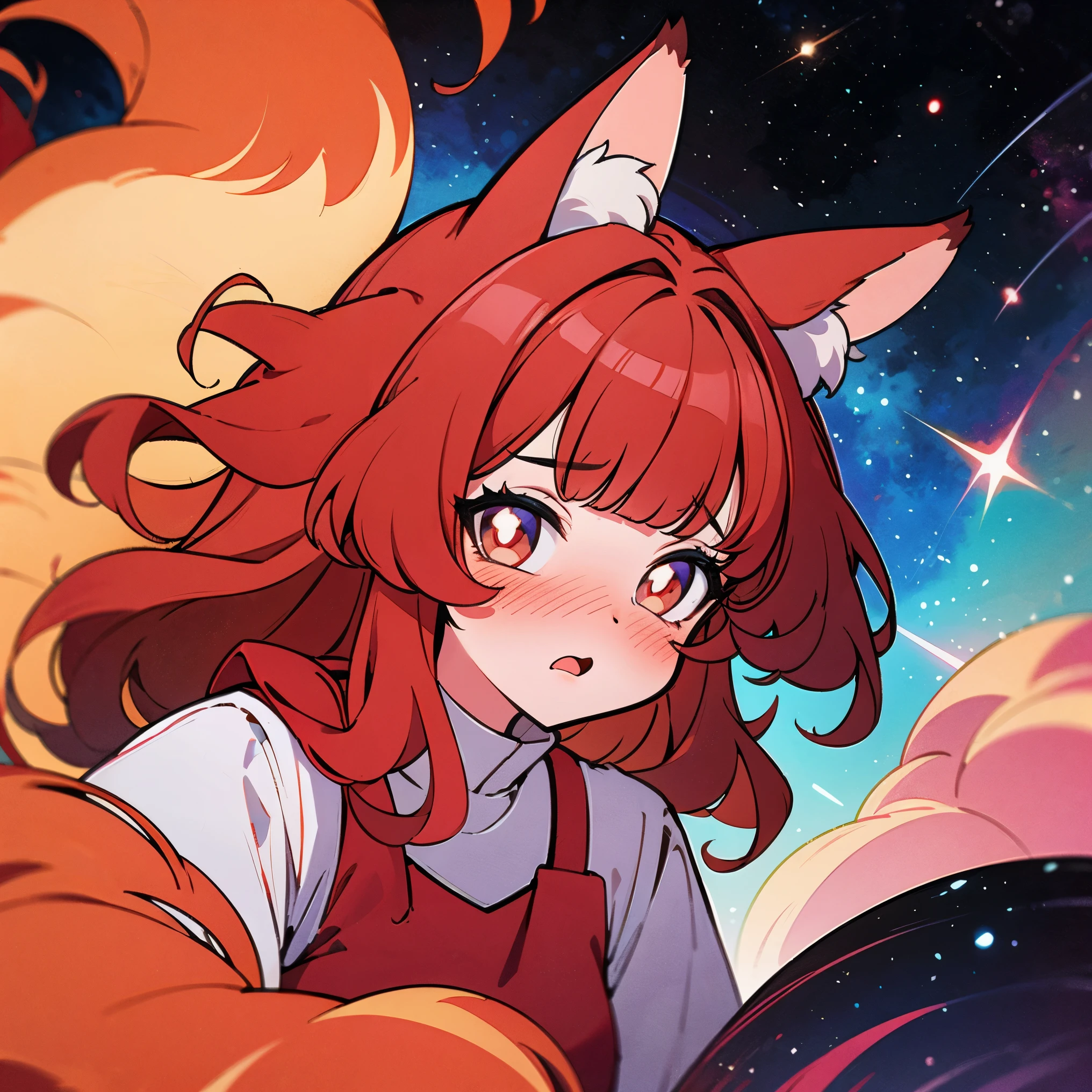(masterpiece), best quality, vibrant colors, expressive eyes, perfect face, 1woman, (animal ears), (fox ears), (hidden ears), (red hair:1.2), {hair bangs}, {wavy hair}, crimson eyes, (wearing a sundress), frills, shy, blushing, surprised galaxy background, in space, (color pastel effect), pastel tones filter, angle view, looking at the viewer, rim lighting