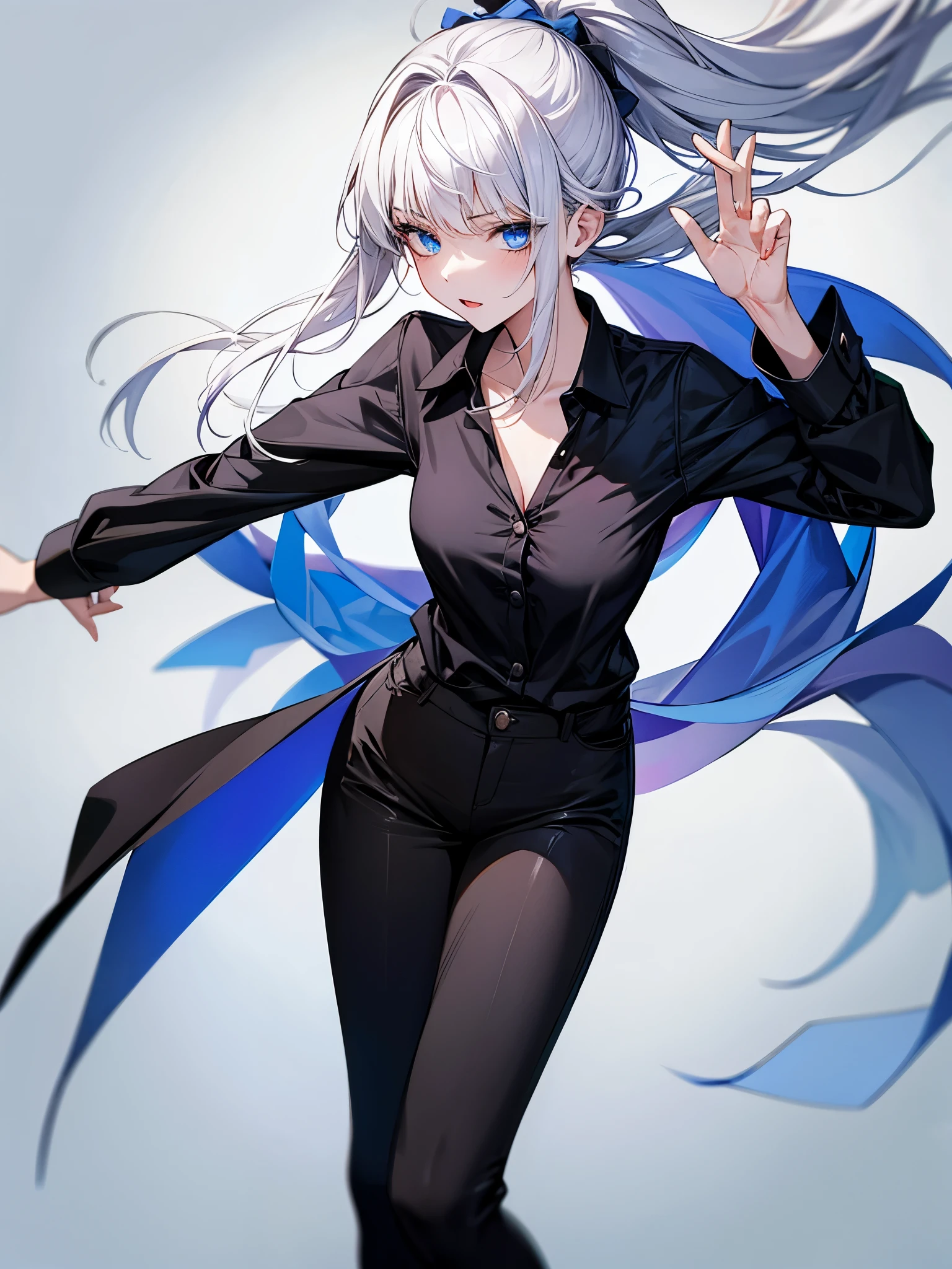 １woman, face focus, [[[[[[[adult]]]]]]], frontage,[[[Standing picture]]]、white background、highest quality, adopt, detailed face, [[[full body esbian]]]、[[[Standing picture]]], [[[18 years old]]], bangs, [[laughter]]、black shirt、detective、[[[confident look]]], white hair, ponytail,blue eyes