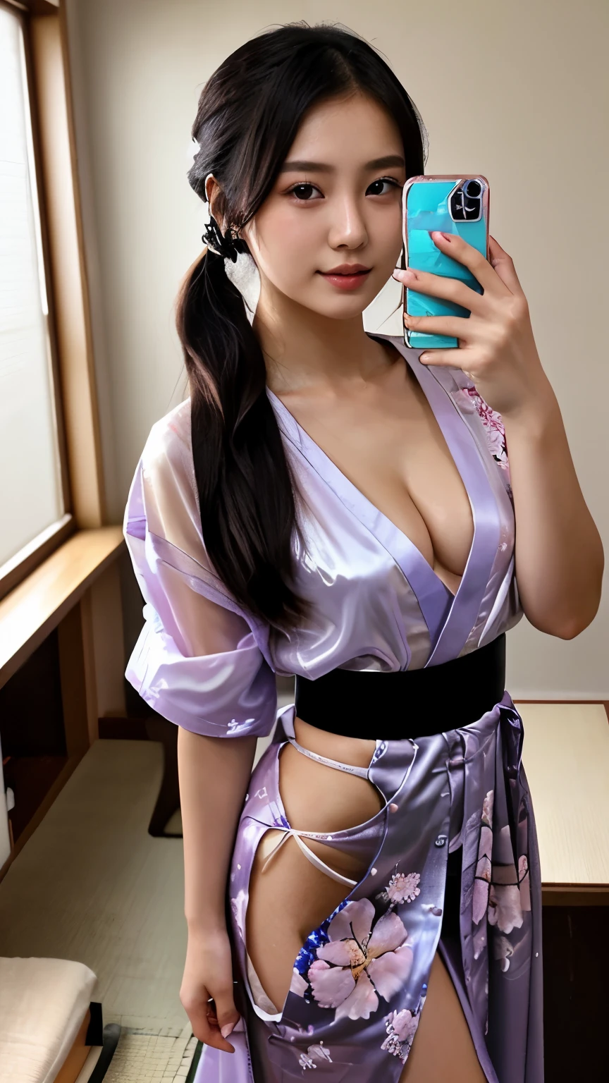 最high quality、high quality、best image quality、8K、最High resolution、High resolution、最high quality、masterpiece、realistic pictures、RAW photo、realistic atmosphere、(detailed face)、(fine hands、thumb1reference4)、(beauty of japan )、very nice face、cute face、((beautiful japanese girl))、(woman), ((18 year old beautiful girl))、(glossy black hair)、(straight long hair)、(ponytail)、whole body、slim style、(shiny skin)、(Fair skin, Glossy skin)、real human skin、realistic human body structure、perfect body, perfect face, perfect hands, perfect fingers, perfect lips, perfect eyes,perfect teeth、perfect background, perfect atmosphere, soft natural light、samurai kimono、maiko kimono、servant、geisha kimono、japanese kimono、Furisode、kimono、Yukata、japanese traditional、((There is a very large dressing table in the room.))、((Transparent see-through(flowery kimono、Hakama with side slits))、((standing front of mirror(Hold your smartphone、Girl taking a selfie of herself in the mirror))