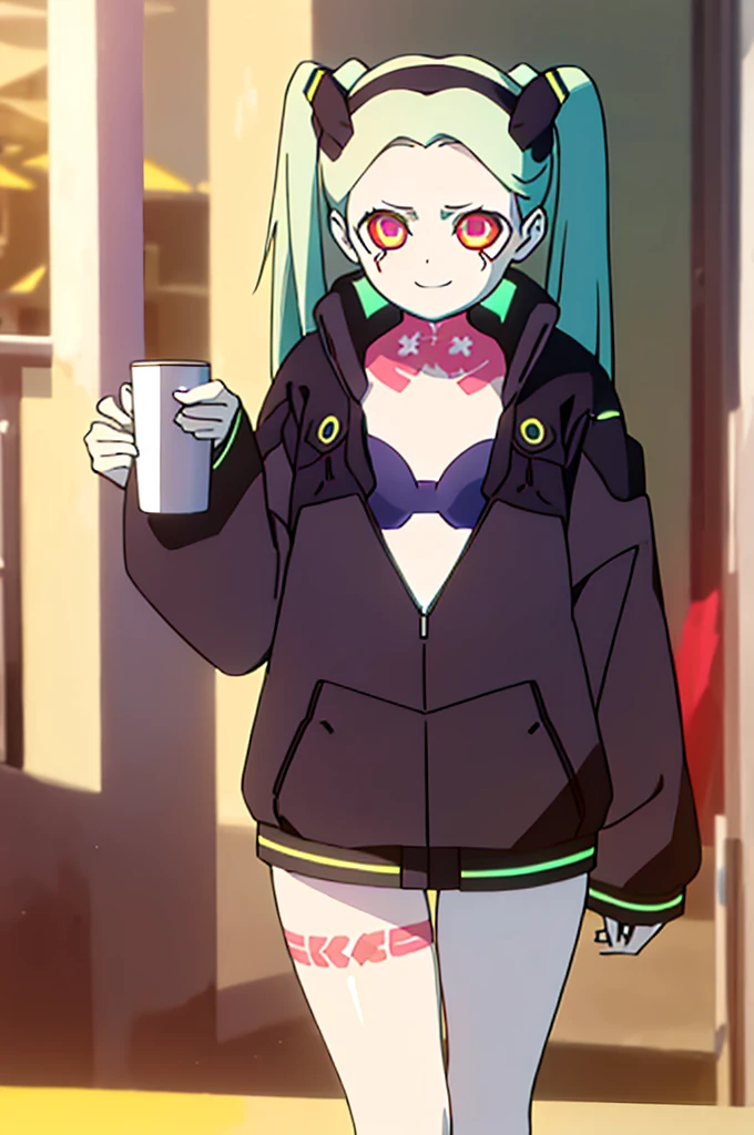 (extremely detailed CG unity 8k wallpaper),(masterpiece),(best quality),(ultra-detailed),(best illustration),(best shadow),(absurdres), rebecca, 1girl, solo, twintails, underwear, cup, white skin, jacket, smile, tattoo, colored skin, bra, colored sclera, mechanical eye, artificial eye, leg tattoo, neck tattoo, red sclera, holding cup, holding, looking at viewer, green hair, breasts, partially unzipped, black bra, long hair, small breasts, blue bra, , headgear, black jacket, red pupils, blurry background, hairband, black hairband, blurry, aqua hair, closed mouth, cleavage, standing, cyborg, long sleeves