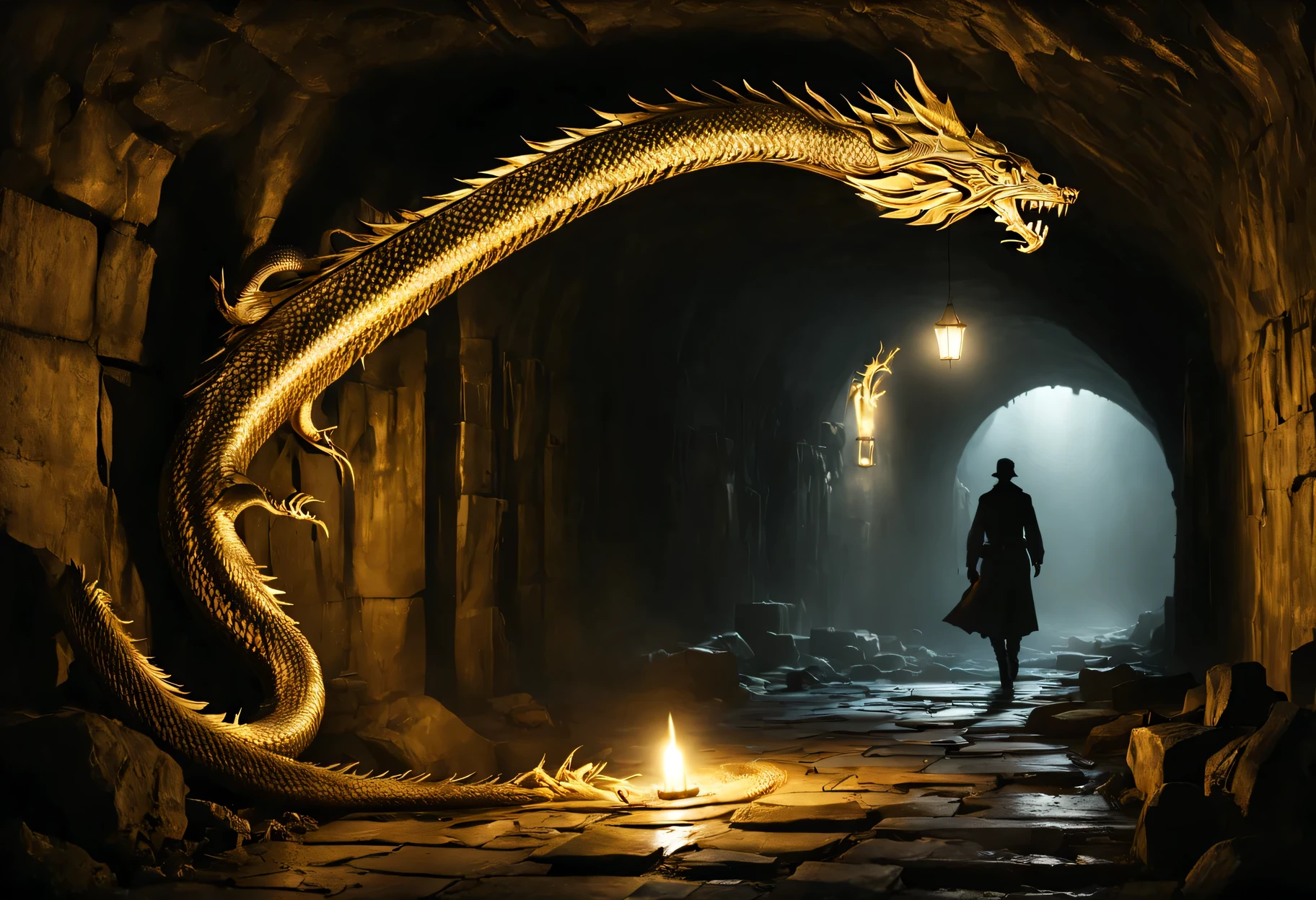 (((There is a golden dragon snake in the dungeon，Meandering on the dark ground)))，(best quality,4K,high resolution,masterpiece:1.2),Super detailed,actual,dark underground scene,Ominous atmosphere,clandestine,mystery,shadow,low key lighting,hidden items,creeping figures,suspenseful,hidden doorway,footsteps echo,underground tunnel,dimly lit passage,The voice of a whisper,Dust and musty smell,ancient building,mystery symbols on the walls,Subtle flickering candlelight,Secrets waiting to be discovered,The feeling of anticipation,Invisible dangers lurk in the darkness,A thrilling sense of adventure,suspenseful ambiance,Chills down the spine,Incredible,unknown depth,脉动的mystery感,shrouded in secrecy,Falling into the unknown,Enchanting darkness,Uncover hidden truths,unexplored secrets,whispers of the past,Dark secrets underground.