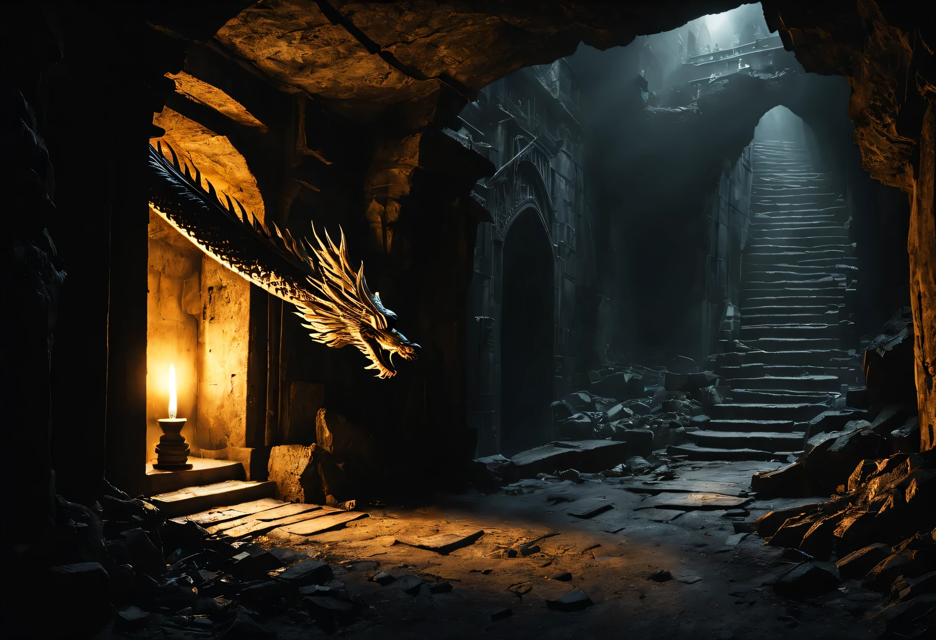 (((There is a golden dragon snake in the dungeon，Meandering on the dark ground)))，(best quality,4K,high resolution,masterpiece:1.2),Super detailed,actual,dark underground scene,Ominous atmosphere,clandestine,mystery,shadow,low key lighting,hidden items,creeping figures,suspenseful,hidden doorway,footsteps echo,underground tunnel,dimly lit passage,The voice of a whisper,Dust and musty smell,ancient building,mystery symbols on the walls,Subtle flickering candlelight,Secrets waiting to be discovered,The feeling of anticipation,Invisible dangers lurk in the darkness,A thrilling sense of adventure,suspenseful ambiance,Chills down the spine,Incredible,unknown depth,脉动的mystery感,shrouded in secrecy,Falling into the unknown,Enchanting darkness,Uncover hidden truths,unexplored secrets,whispers of the past,Dark secrets underground.